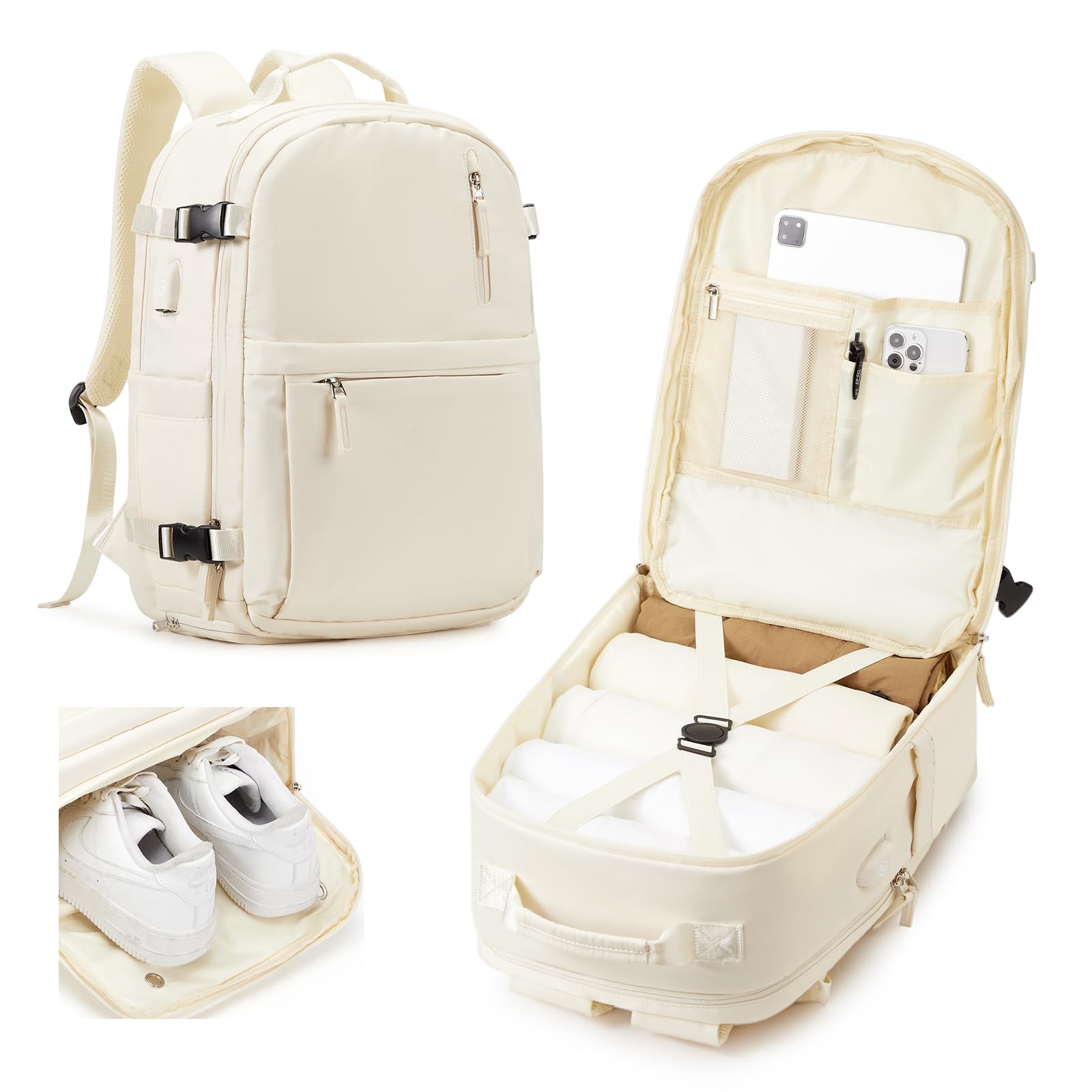 Lightweight Travel Backpack for Women & Men - Airline Approved Carry-On Backpack with USB Charging Port, Shoe Compartment & Waterproof Design (Beige) - Perfect for Air Travel, Commuting & Outdoor Adventures
