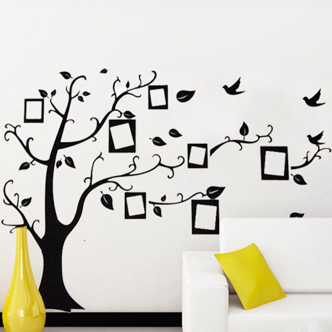 Black Tree & Birds Wall Decor Removable Sticker - DIY Photo Frame Mural for Living Room, Bedroom, Nursery | Home Art Decoration for Girls, Boys, Kids & Baby Gifts | Colorful Butterflies Design for Wall Art & Room Makeover