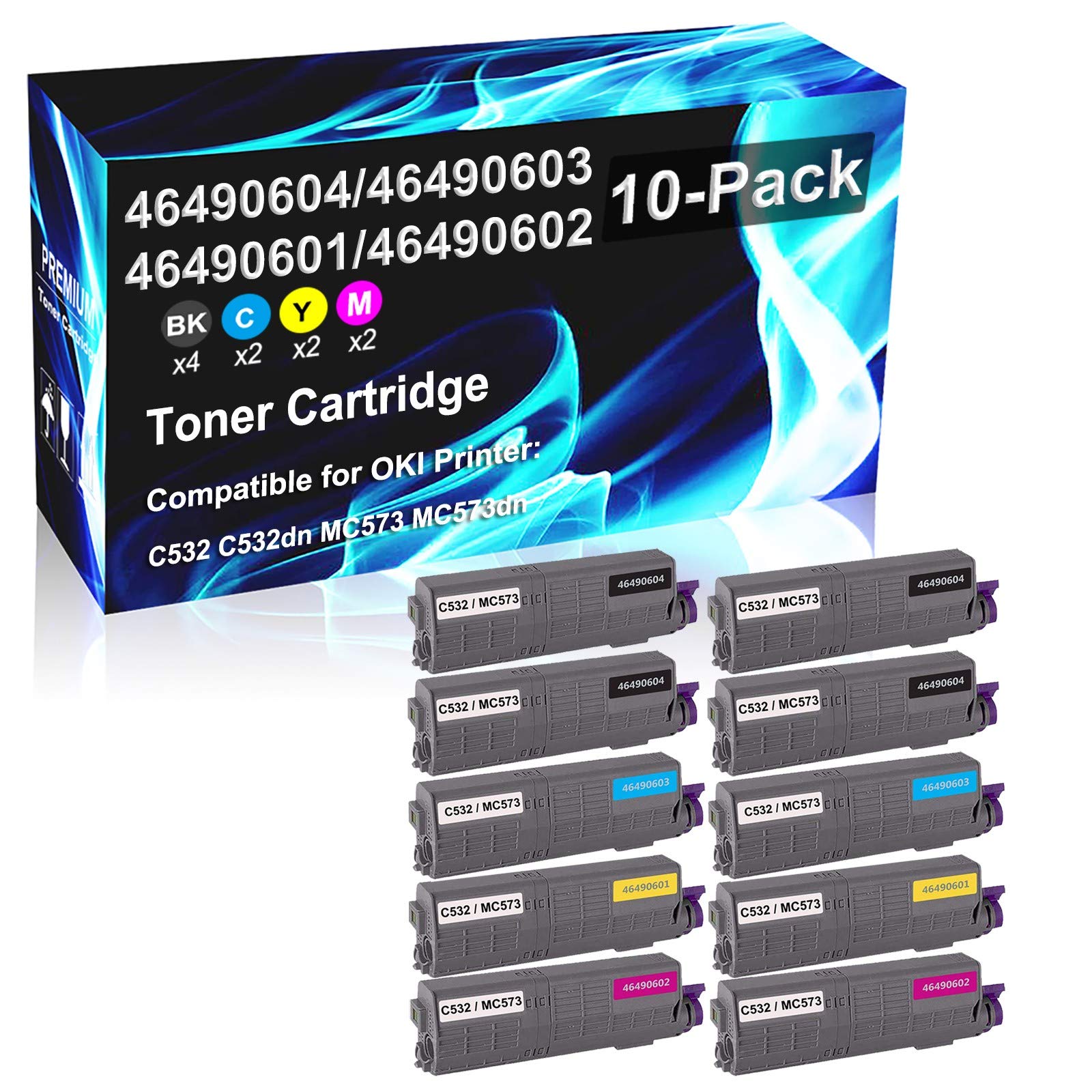 10-Pack (4BK+2C+2Y+2M) High-Yield Compatible Toner Cartridge Replacement for OKI C532/C532dn/MC573/MC573dn Laser Printers - Includes 46490604, 46490603, 46490601, 46490602 - Perfect for Office & Home Printing Needs