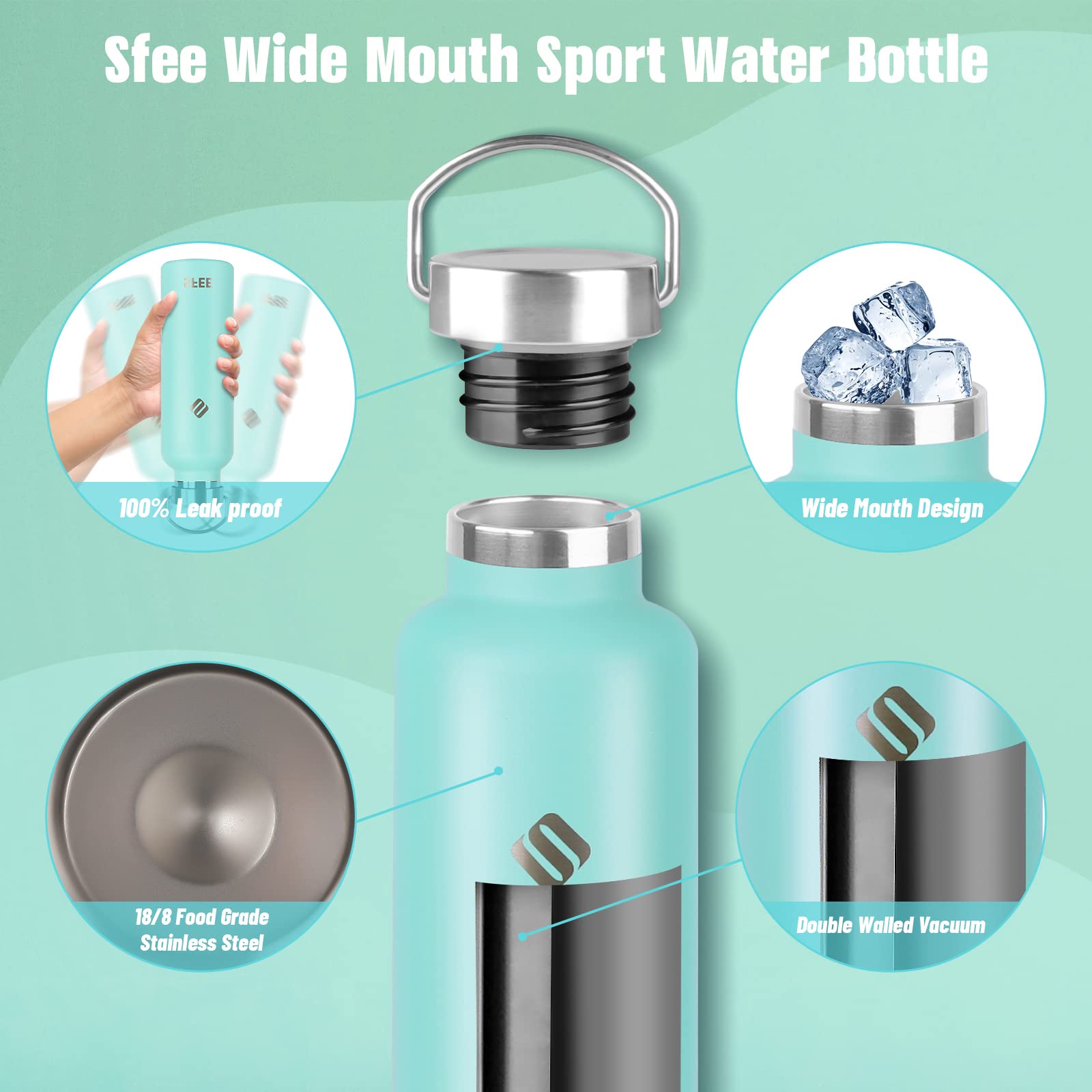 Sfee 25 oz Stainless Steel Insulated Water Bottle with Straw Lid - Double Wall Vacuum Thermos for Kids, Leakproof Sports Bottle for Gym, Hiking, Camping & Travel - Includes Cleaning Brush (Mint Green)