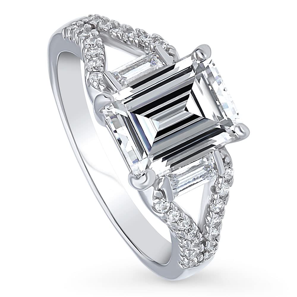 BERRICLE Sterling Silver Solitaire Wedding & Engagement Ring - 2.6 Carat Emerald Cut Cubic Zirconia CZ Split Shank Ring for Women, Rhodium Plated (Size 4-10) | Elegant Bridal Jewelry for Proposals, Anniversaries & Special Occasions