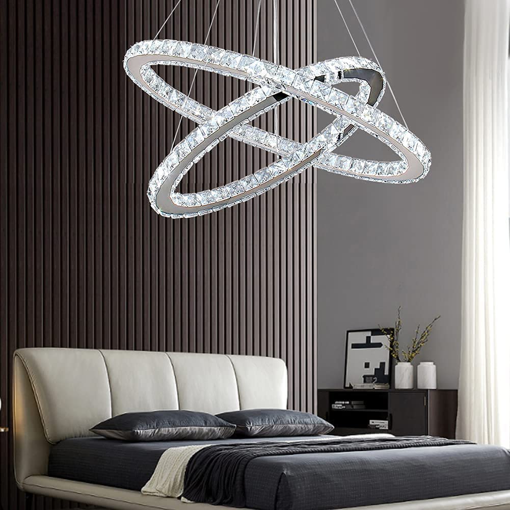 Modern Crystal Chandelier - 2-Tier Oval Pendant Light with Adjustable Height, 6000K Cool White (19.7