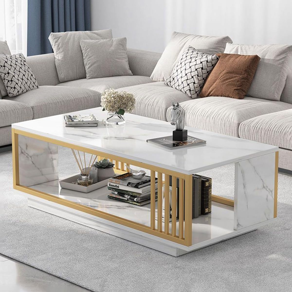 Modern White Faux Marble Coffee Table with Gold Frame - 2-Tier Wooden Center Table for Living Room & Bedroom - 40