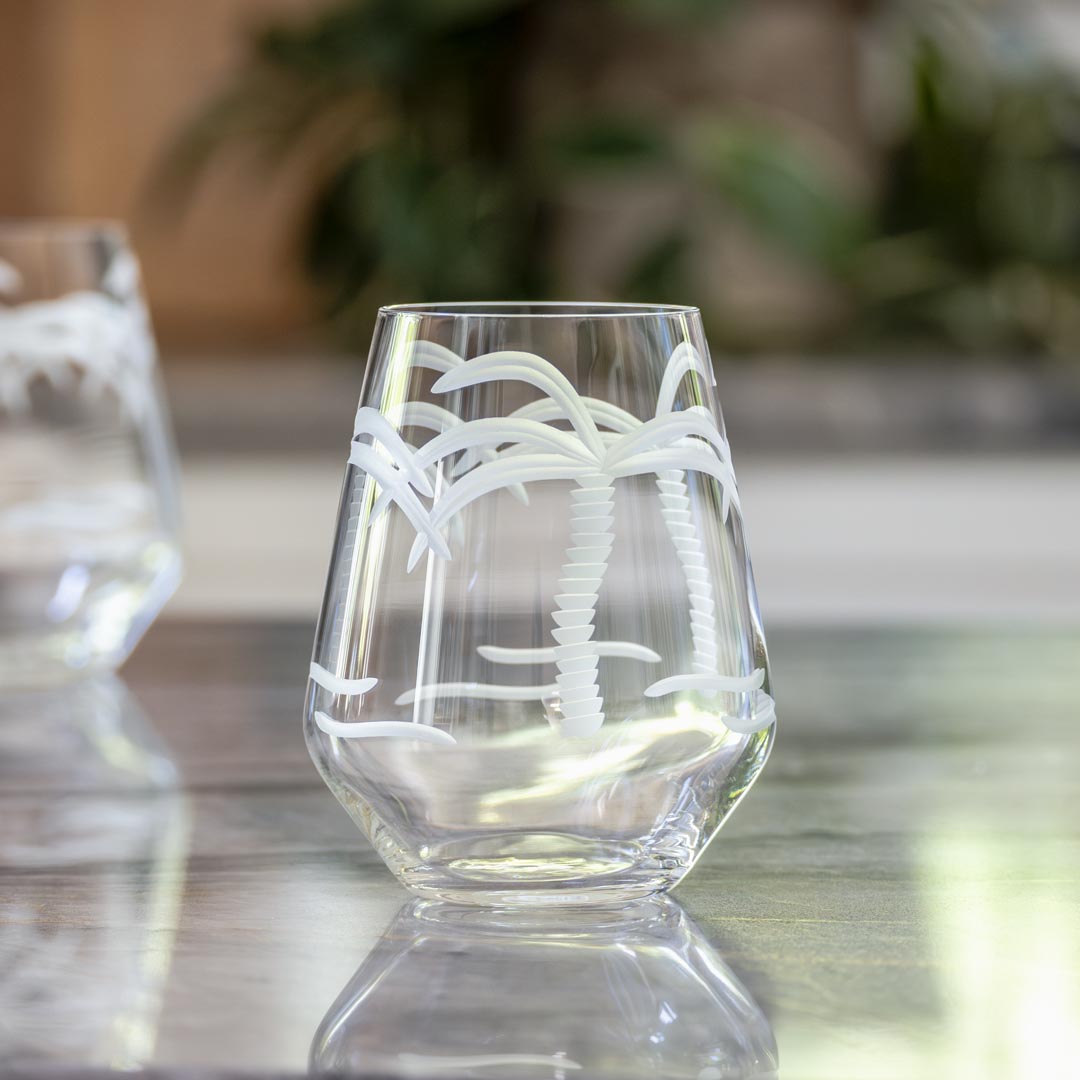 18oz Stemless Wine Tumbler Glass with Palm Tree Design - Set of 12 | Perfect for Beach Parties, Poolside Drinks & Summer Entertaining