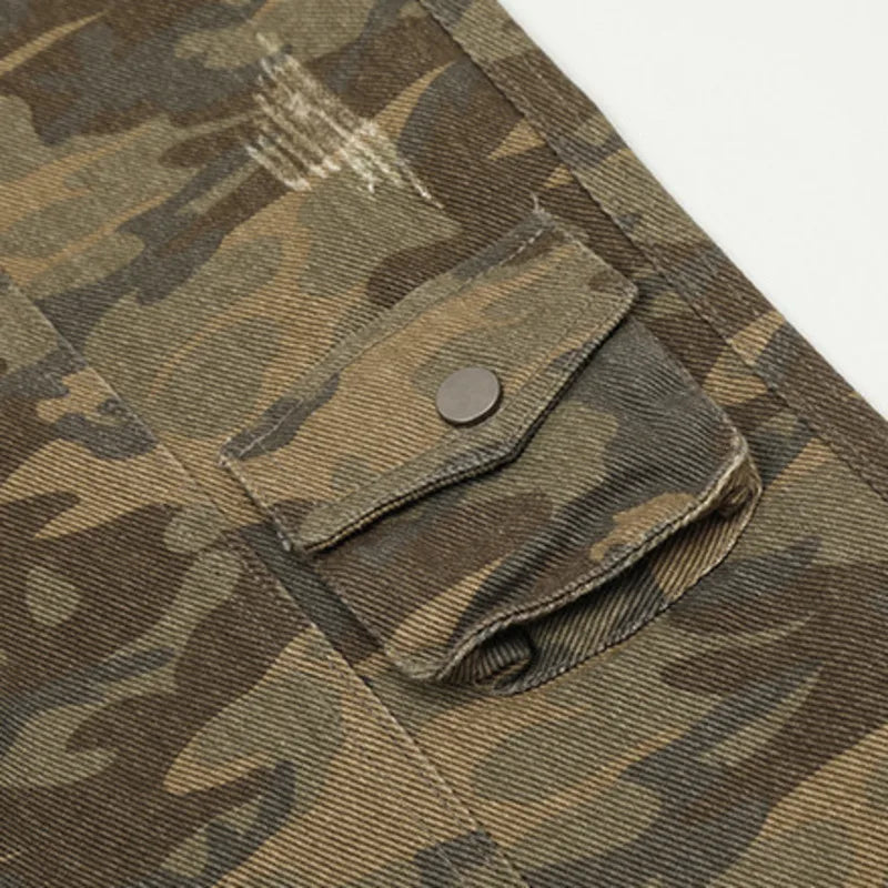 2025 Trendy Men's Camouflage Denim Cargo Pants - Multi-Pocket Wide Leg Distressed Jeans for Casual Wear | Outdoor Adventure & Street Style Fashion