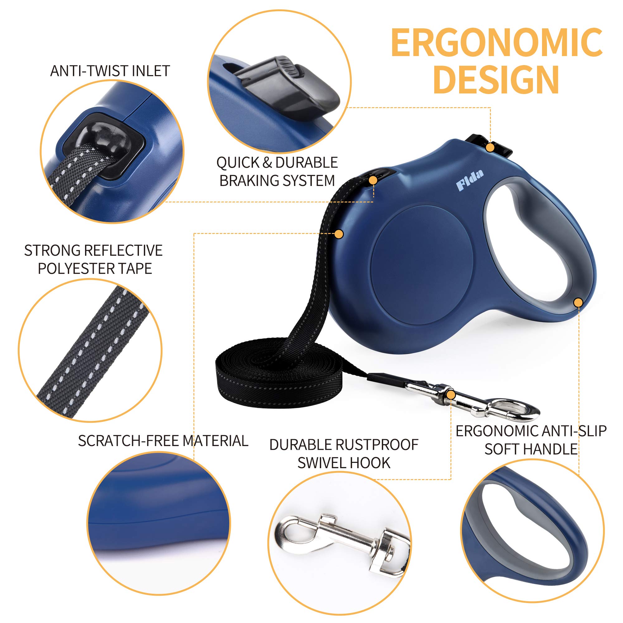 Fida 16ft Retractable Dog Leash with Poop Bag Dispenser - Tangle-Free Nylon Tape Leash for Small Dogs & Cats Under 26lbs, Anti-Slip Handle & Reflective Strips (Navy Blue) - Perfect for Walking, Jogging & Outdoor Adventures