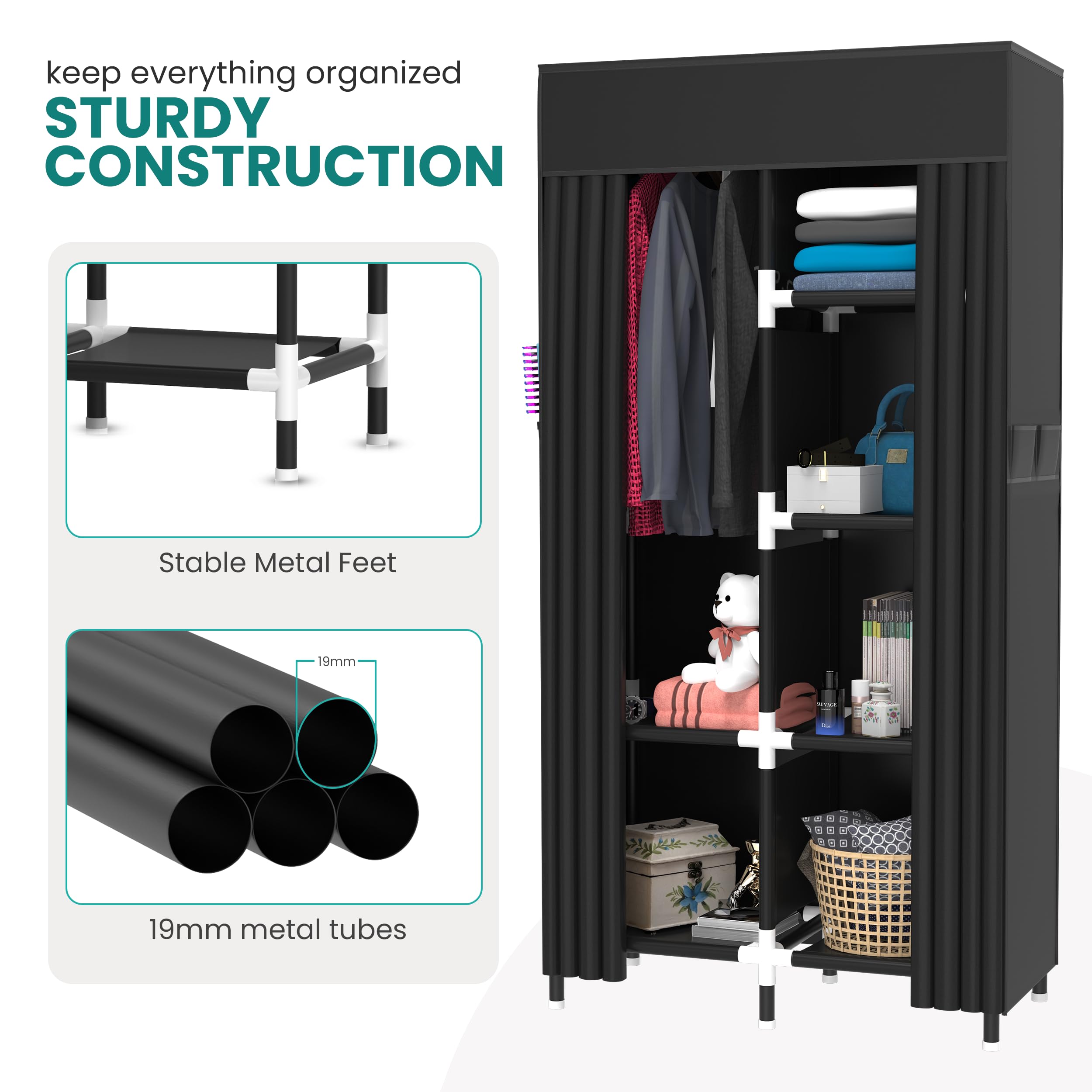 Portable Closet Organizer with 6 Shelves & Hanging Rack - Space-Saving Wardrobe Storage for Clothes | Ideal for Small Spaces, Dorms, Apartments & Travel | Perfect for Home, Office & Camping Use (Black)