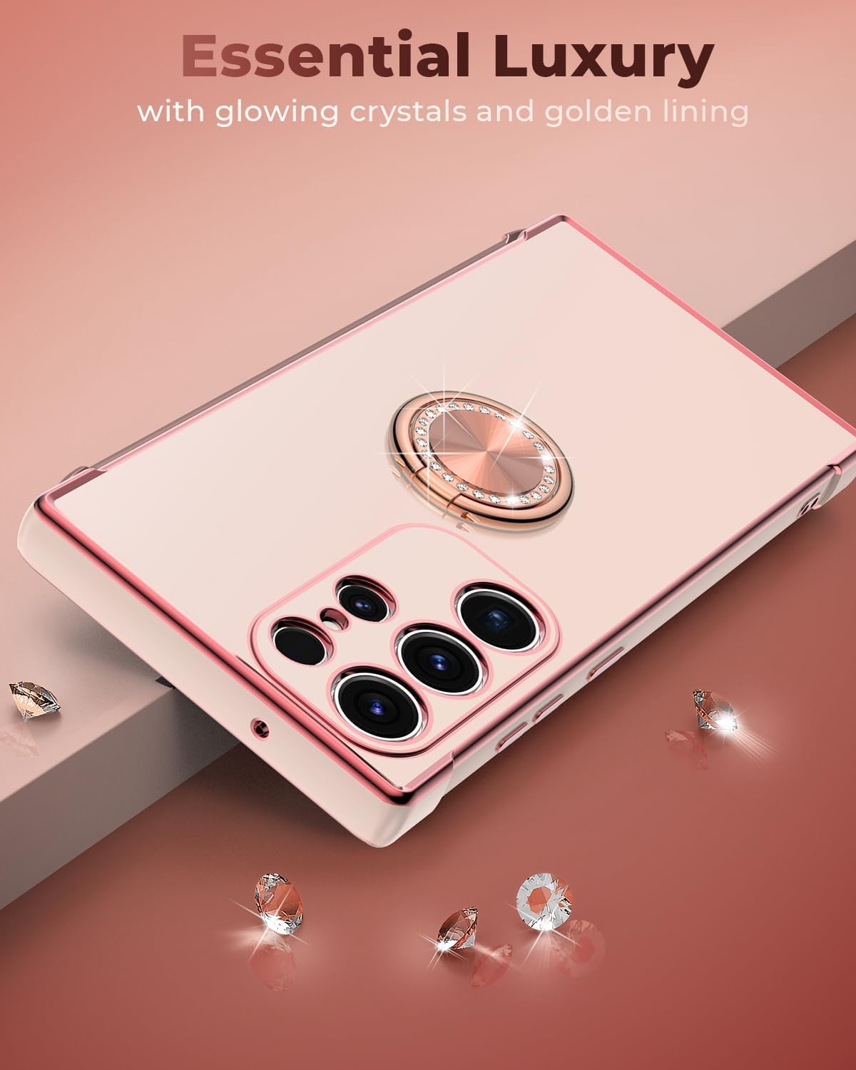 Luxury Electroplated Samsung Galaxy S24 Ultra Case with Ring Holder Stand & Lanyard - Shockproof Soft Protective Phone Cover for Women & Girls (Pink) - Perfect for Work, Travel, and Everyday Use
