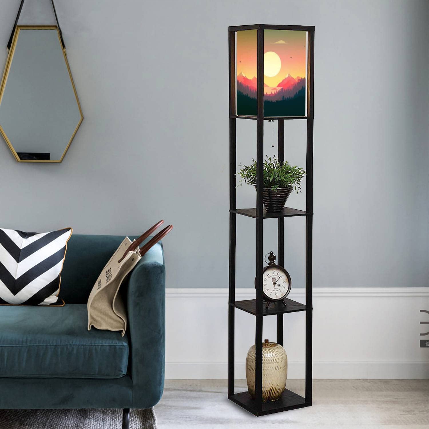 Sunset Stock Standing Floor Lamp with Shelves & Flaxen Fabric Shade - Tall Corner Lamp for Living Room, Bedroom, Office - Perfect for Reading, Relaxation & Aesthetic Home Decor