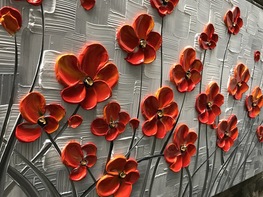 YaSheng Art - Hand-Painted 3D Oil Painting on Canvas, Red Flowers Modern Abstract Artwork, Stretched and Framed Ready to Hang (24x48 Inch) - Perfect for Living Room, Bedroom, Office & Home Decor Wall Art