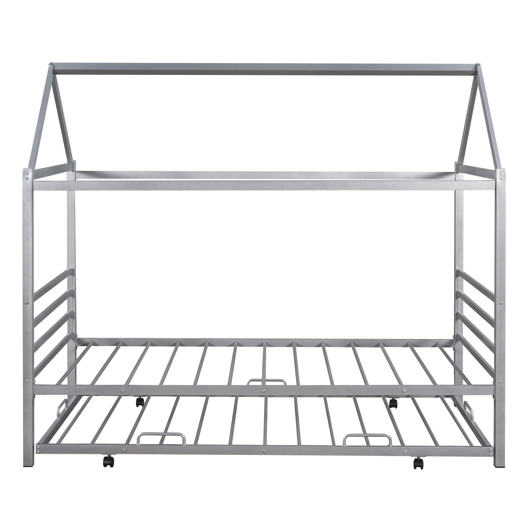 Twin Size Metal House Platform Bed with Trundle - Foldable Daybed Frame with Roof for Kids & Toddlers, Silver House-Shaped Bed with Play Tent Decorations - Perfect for Bedrooms, Playrooms & Sleepovers