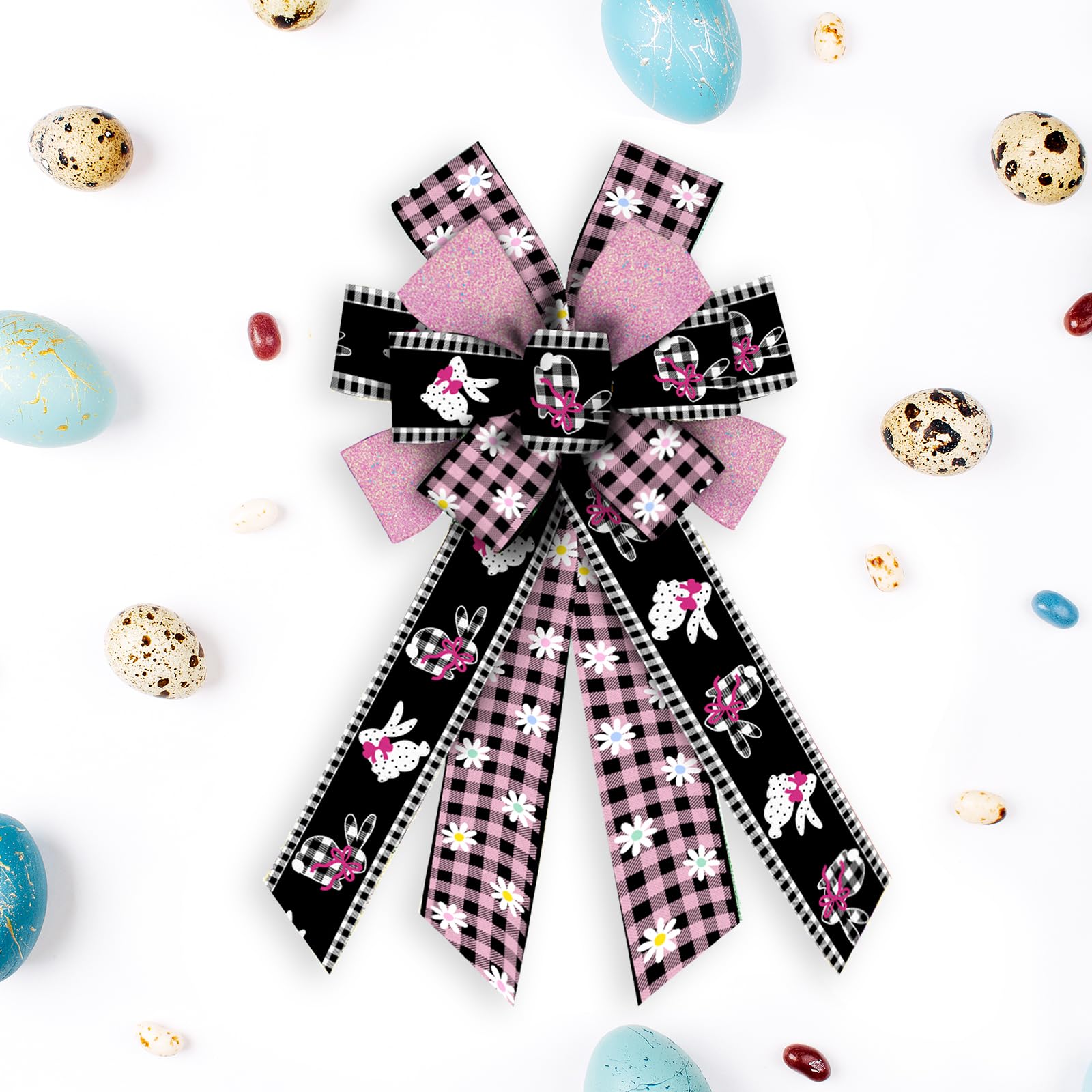 Large Easter Bunny Bows for Wreaths - Pink & Black Buffalo Plaid Bows with Spring Flowers & Burlap - Holiday Tree Topper & Front Door Decorations - Perfect for Easter Party Supplies & Home Decor