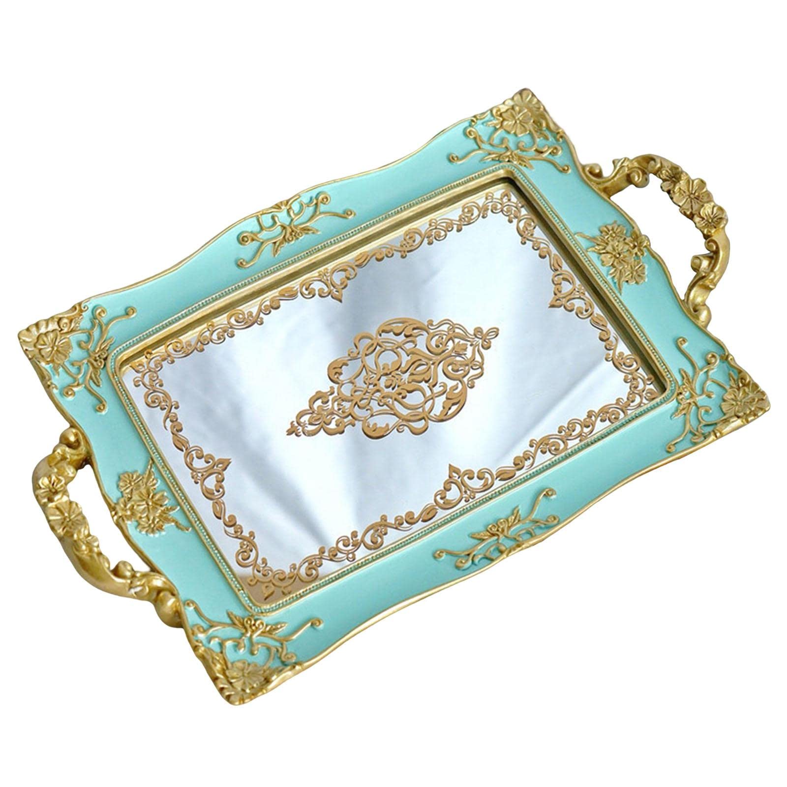 Vintage Decorative Mirror Tray with Handle - Rectangle Jewelry Display & Makeup Organizer - Vanity Tray for Jewelry, Perfume, and Cosmetics - Green - Perfect for Bedroom, Bathroom, and Dressing Table Decor