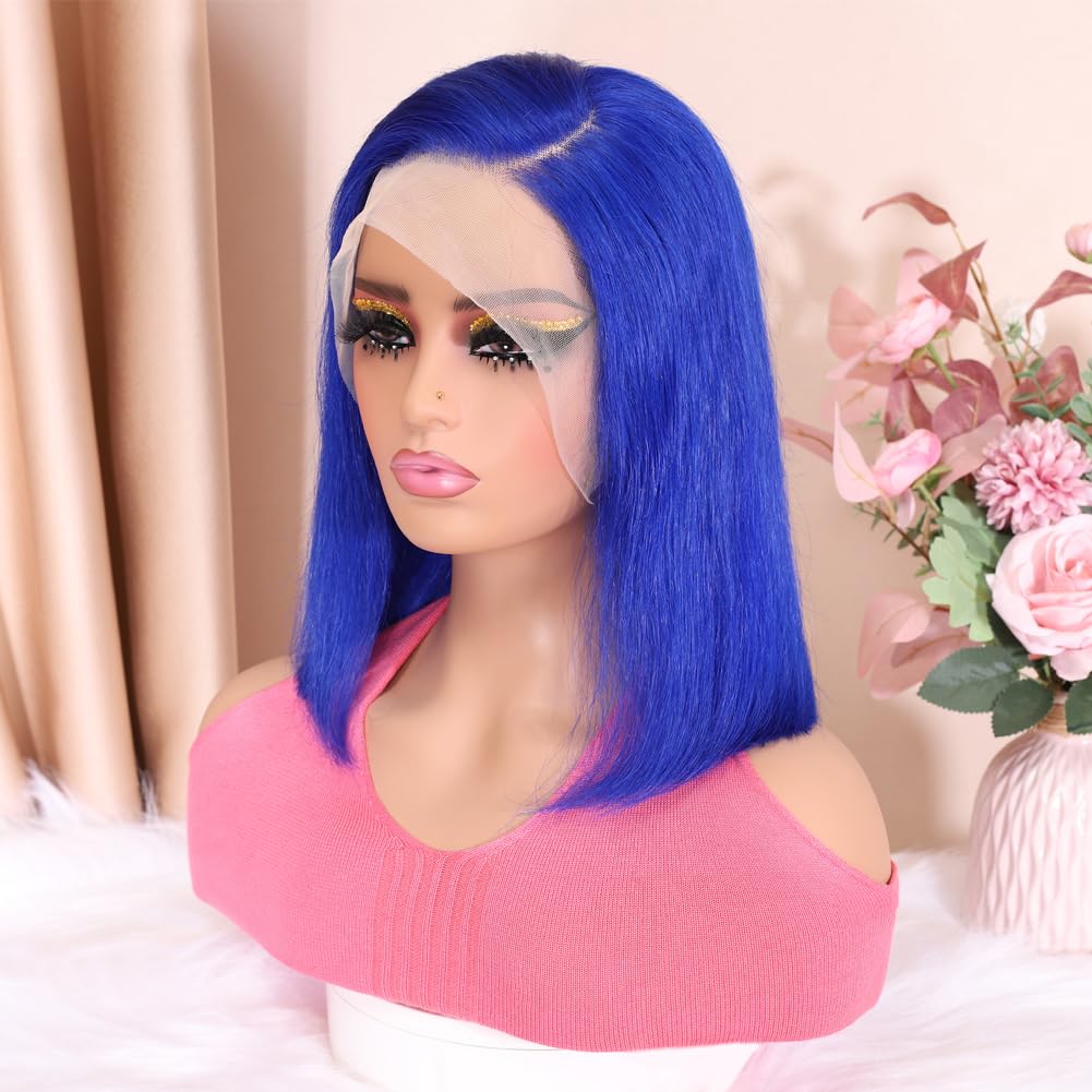 13x4 HD Lace Front Blue Human Hair Wig - Pre Plucked Bob Wig with 180% Density | Glueless Brazilian Short Bob Wigs for Black Women | Natural Hairline & 12 Inch Length | Perfect for Cosplay, Daily Wear & Special Occasions