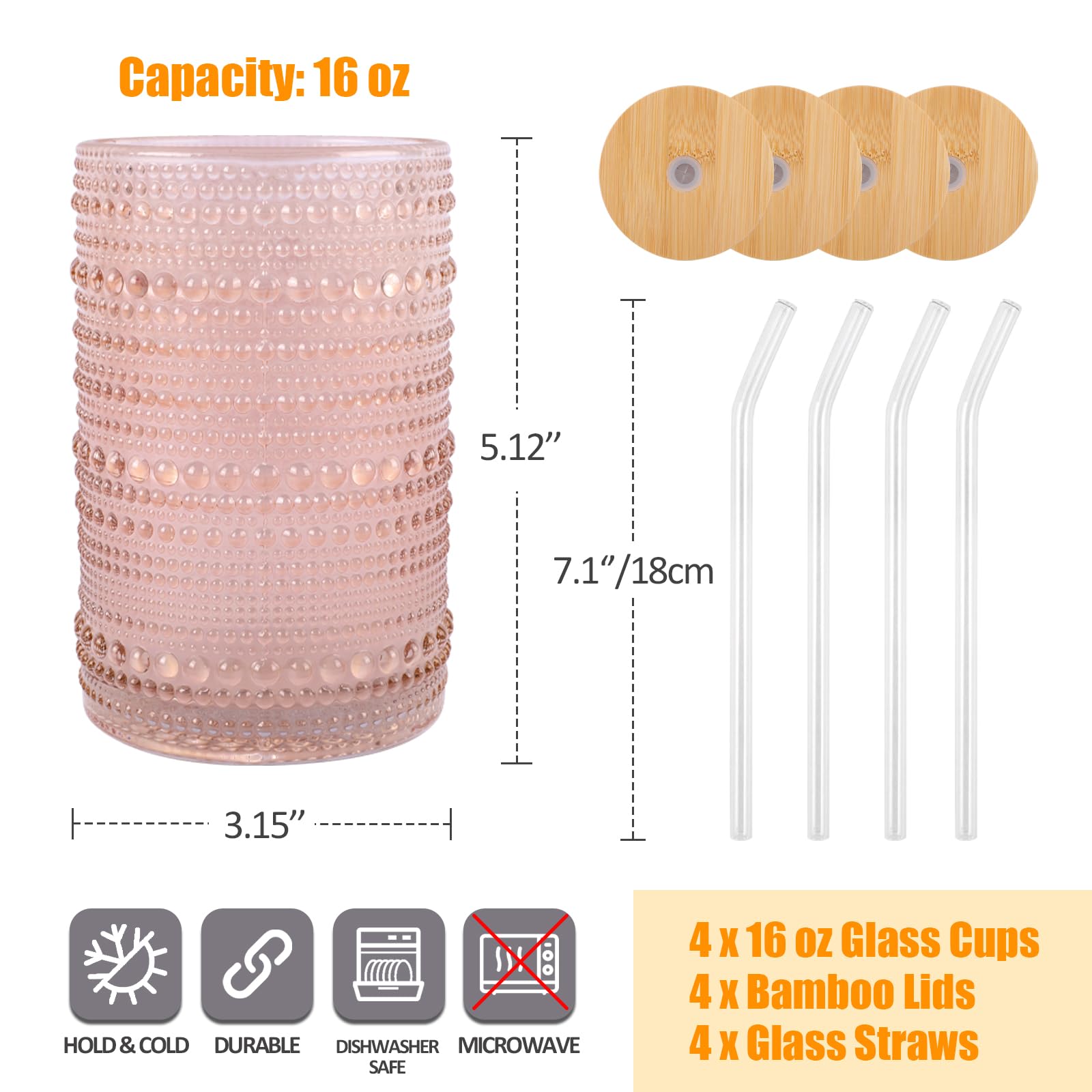 Vintage Drinking Glasses Set of 4 with Bamboo Lids - 16oz Textured Clear Striped Ribbed Glassware for Cocktails, Beer, Iced Coffee & Beverages - Old Fashioned Embossed Beaded Cups with Rose Gold Accents - Perfect for Home Bars, Parties & Gift Giving