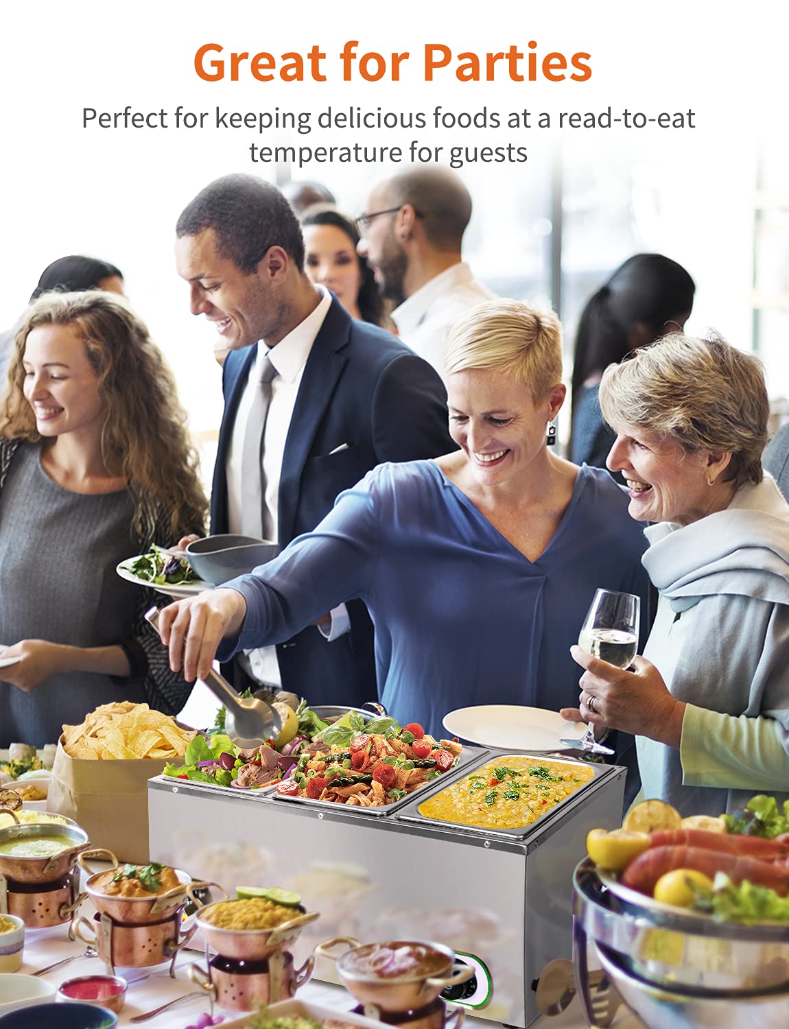 3 Pan Commercial Bain Marie Buffet Food Warmer - 21 Quart Large Capacity, 1500W Electric Steam Table with 6-Inch Deep Stainless Steel Countertop - Perfect for Catering, Restaurants & Party Buffets (Ideal for Keeping Food Warm at Events, Banquets & Food Service Stations)