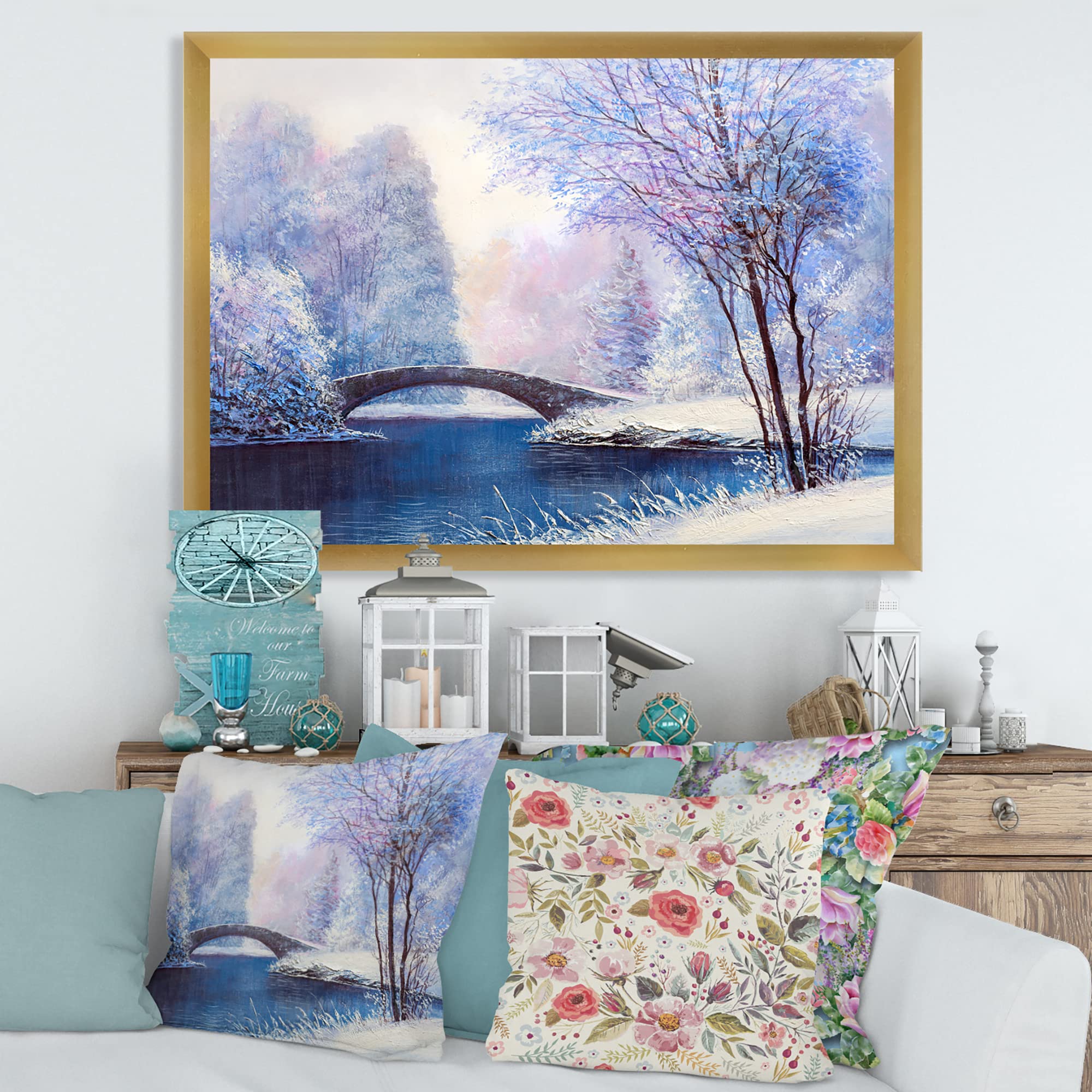 DesignQ Winter Scenery With Bridge Of Meandering River III Lake House Framed Wall Art - Landscape Canvas Painting for Living Room, Bedroom & Office Decor
