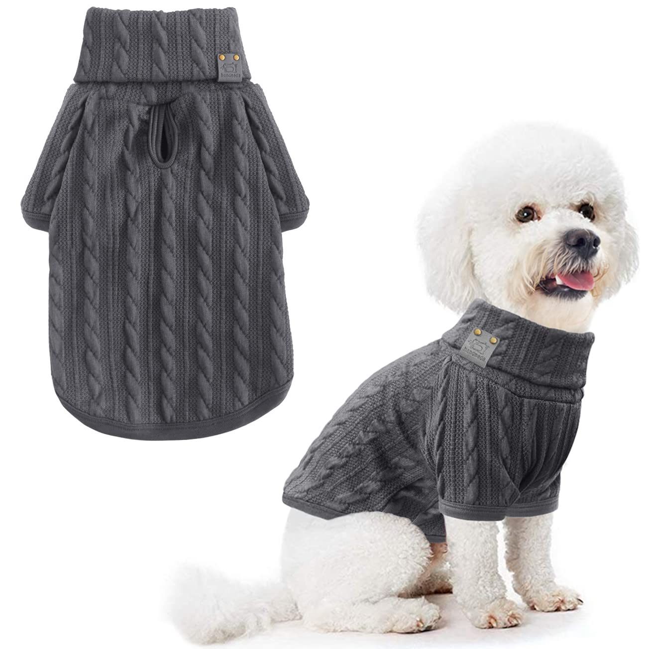 Idepet Turtleneck Dog Sweater with Leash Hole - Classic Knit Pet Apparel for Small Dogs - Super Elastic Winter Pullover - Soft & Warm Puppy Clothes (Small, Dark Grey) - Perfect for Cold Weather Walks and Indoor Comfort