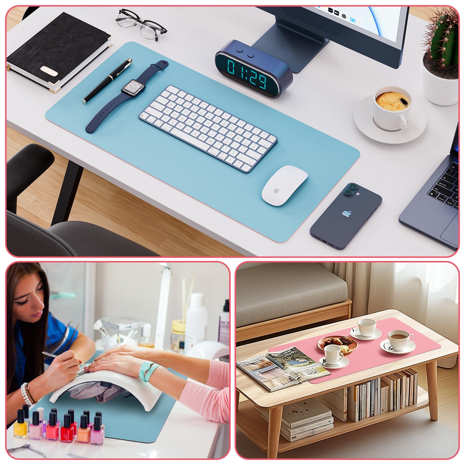 **Noverlife Double-Sided Waterproof Vanity Mat - 23.62x11.81in Blue & Pink Makeup Table Cover, Craft & Nail Art Hand Rest Pad, Laptop Desk Protector for Dressing Table & Beauty Station**    *(Perfect for makeup application, nail art, crafting, and protecting desks from spills & scratches!)*
