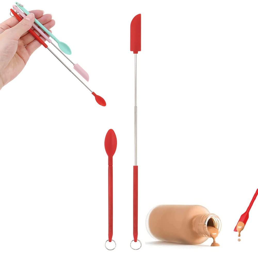 Mini Silicone Telescopic Spatula - 2 Pack Reusable Small Spatula for Cosmetics & Food | Thin Jar Scraper, Tiny Silicone Spoon for Kitchen & Beauty | Perfect for Jars, Tubes, Cream Containers & Makeup Application (Red)