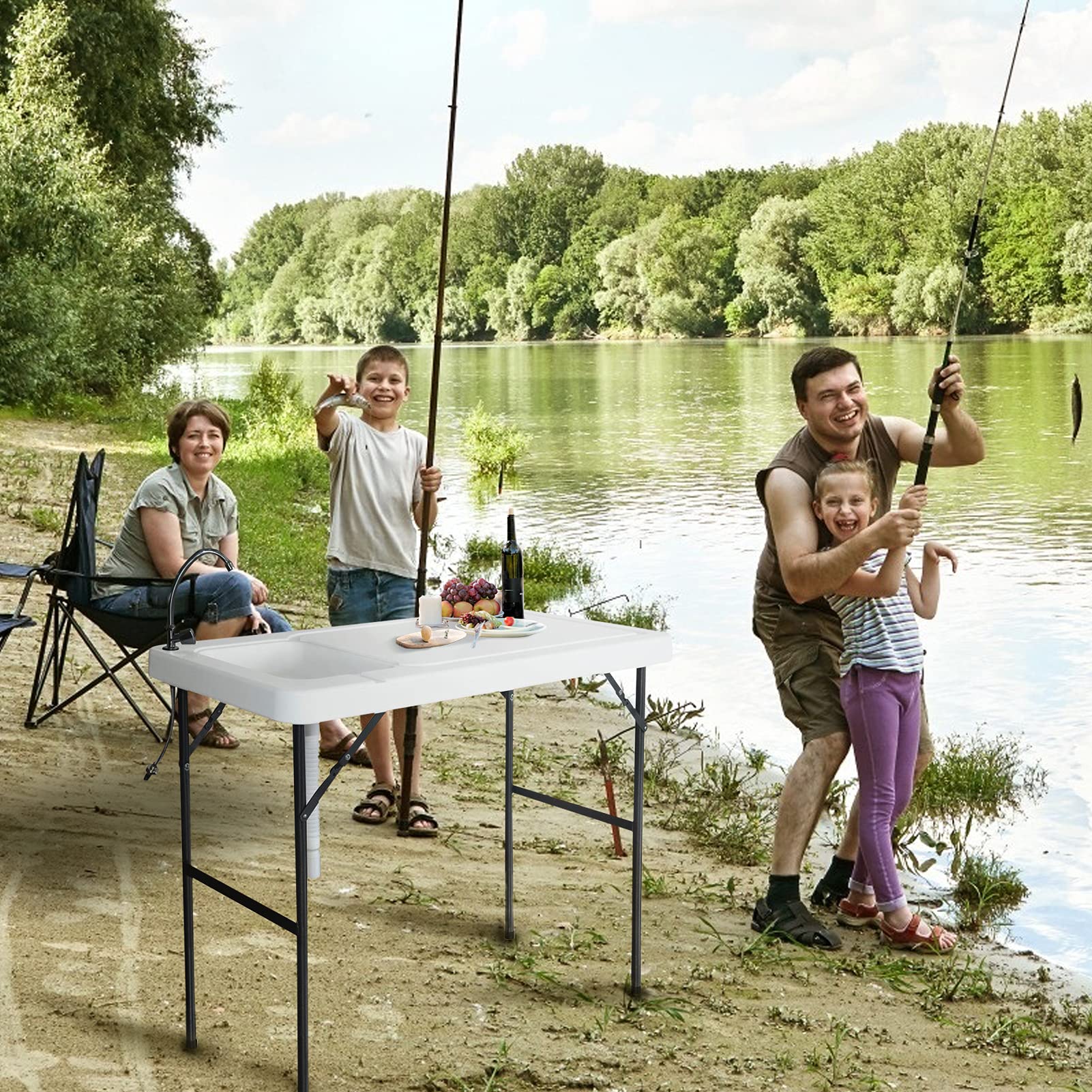 Portable Folding Picnic Table with Sink Faucet - Removable Outdoor Camping Table for Fishing, Hunting, Beach & BBQ | Perfect for Backyard, Tailgating & RV Adventures