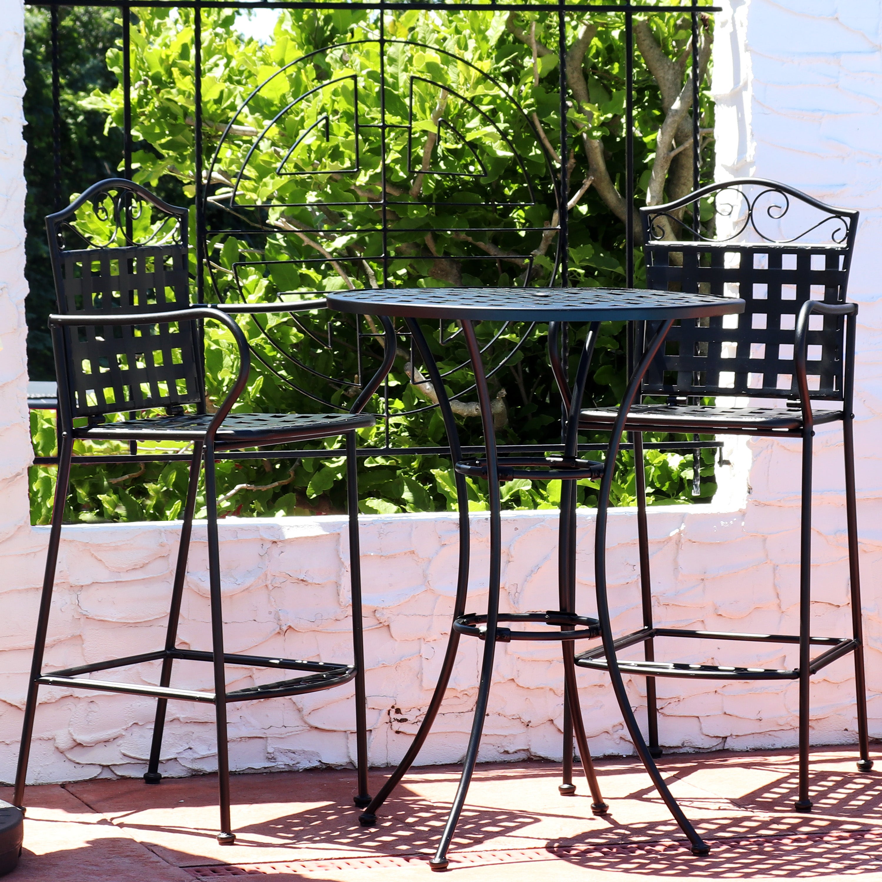 Sunnydaze Outdoor Black Scrolling Wrought Iron Bar Chair and Table Set - Patio Bistro Set for Garden, Poolside, and Restaurant Outdoor Seating