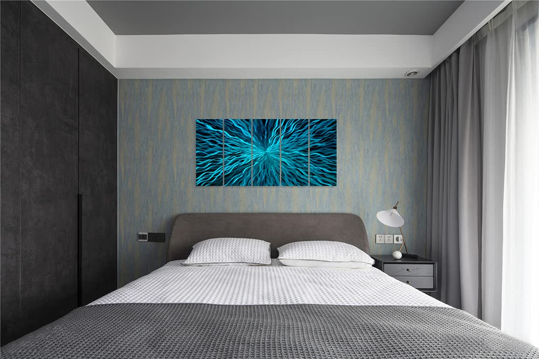 Handcrafted Blue Metal Wall Art Decor - 5 Panel Modern Abstract Aluminum Sculpture for Living Room, Bedroom & Office | Contemporary Home & Office Decor | Perfect for Modern Interior Design & Gift Giving