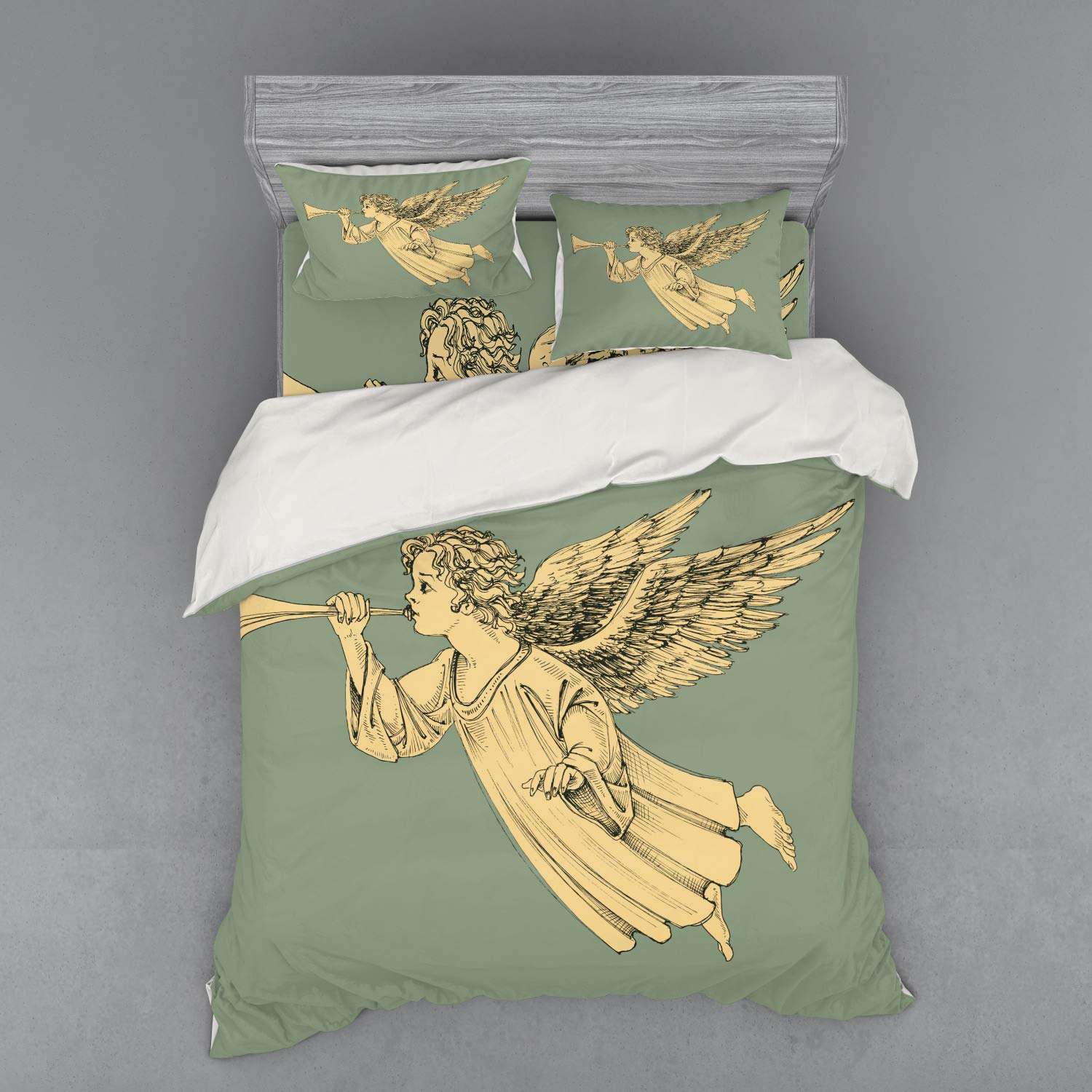 Ambesonne Christmas Angel Bedding Set - 4 Piece Duvet Cover with Shams & Fitted Sheet, Queen Size, Yellow Mint - Flying Angel with Trumpet Mythological Design - Perfect for Holiday Decor & Cozy Winter Bedrooms