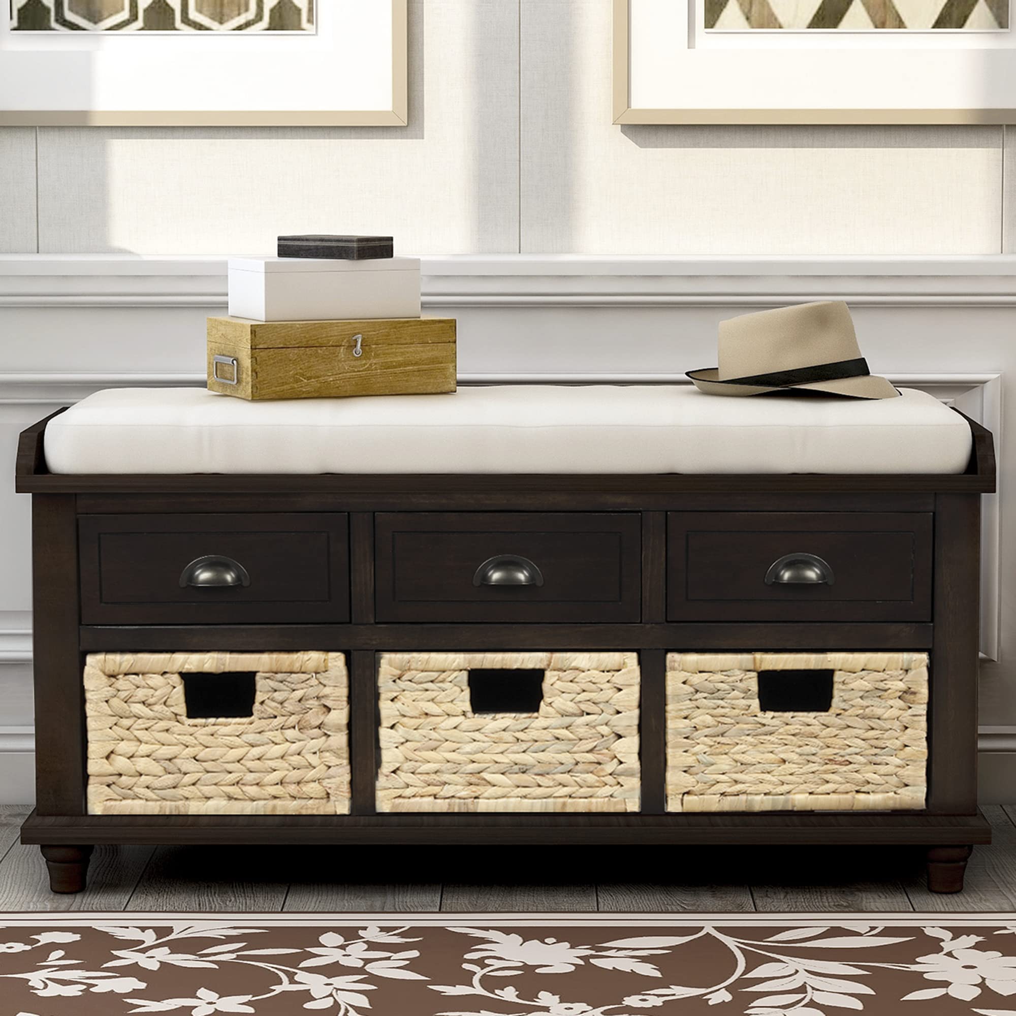 Rustic Wood Storage Bench with 3 Drawers & Baskets - Entryway, Bedroom, Living Room