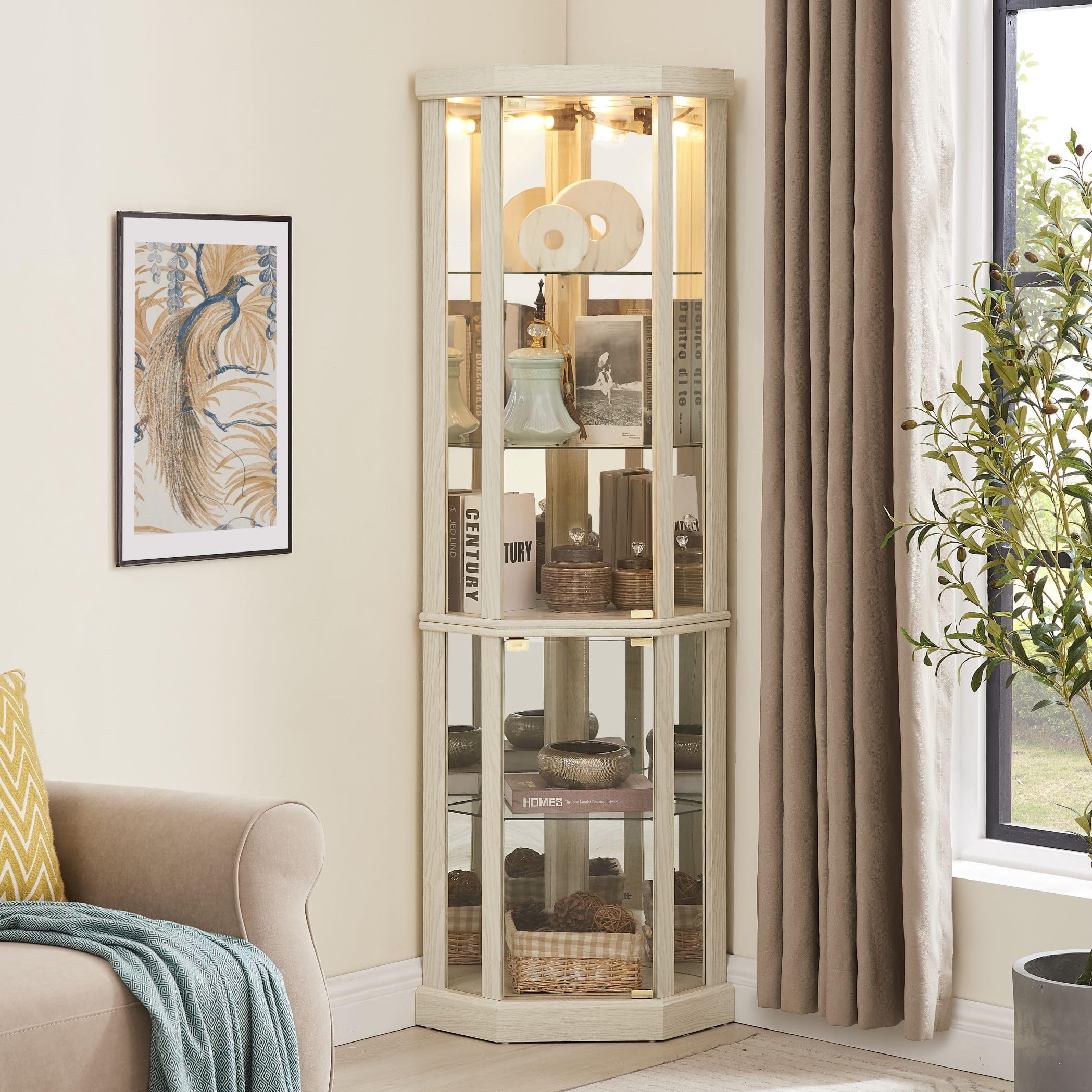 Corner Lighted Curio Cabinet - Glass Display Case with LED Lighting for Living Room, Antique Collections, Wine & Bar Glass Storage - Elegant Antique White Finish | Perfect for Home Decor, Showcasing Collectibles & Entertaining Guests