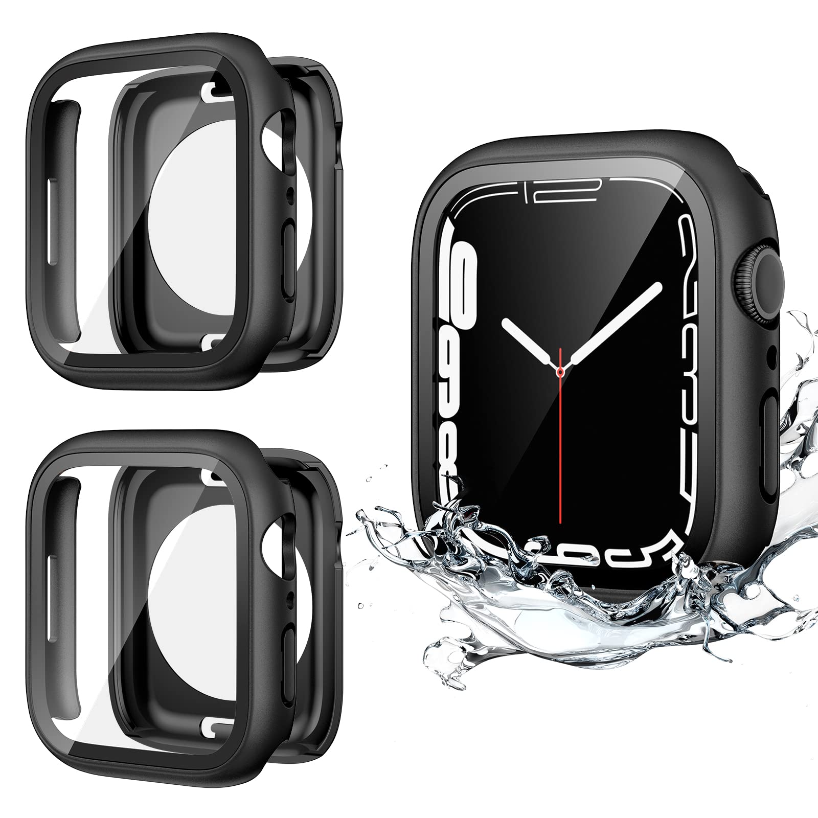 2 Pack Waterproof Case for Apple Watch Series 9/8/7 41mm - Shockproof Protective Cover with Built-in Tempered Glass Screen Protector, Front & Back Bumper for iWatch (Black) - Perfect for Swimming, Sports & Outdoor Activities
