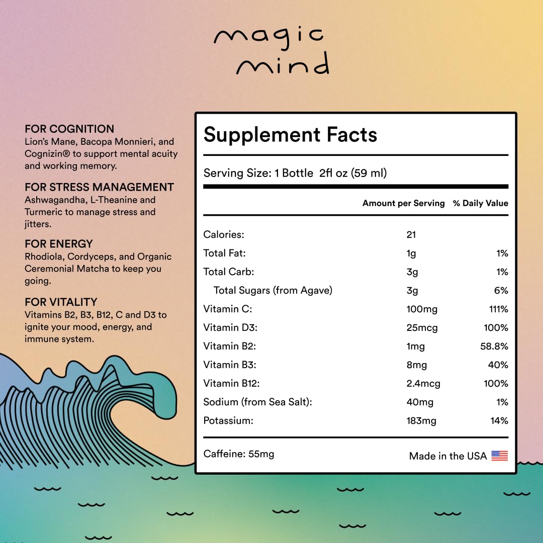 Magic Mind Energy and Focus Drink Shots - Stress Relief Supplement with Ashwagandha, Vitamin B12 & C, Matcha Green Tea, Functional Mushrooms - No Jitters, 2 Fl Oz (15 Pack) - Boost Productivity for Workouts, Study & Mental Clarity