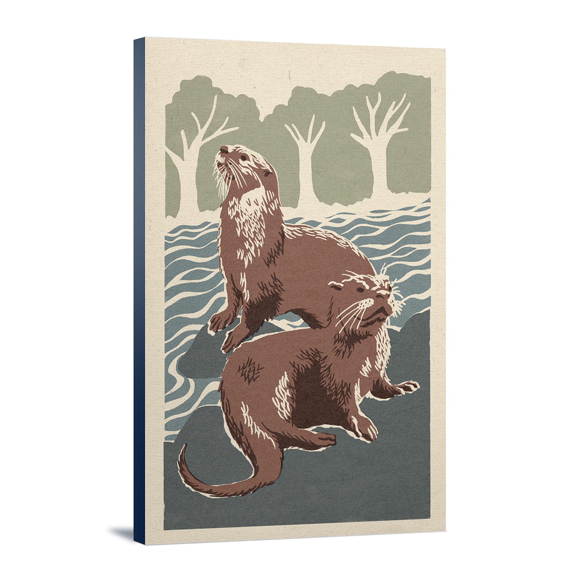 Lantern Press River Otters Woodblock Print - 16x24 Wrapped Canvas Wall Art for Living Room, Bedroom & Office Decor - Nature Inspired Wildlife Home Decoration
