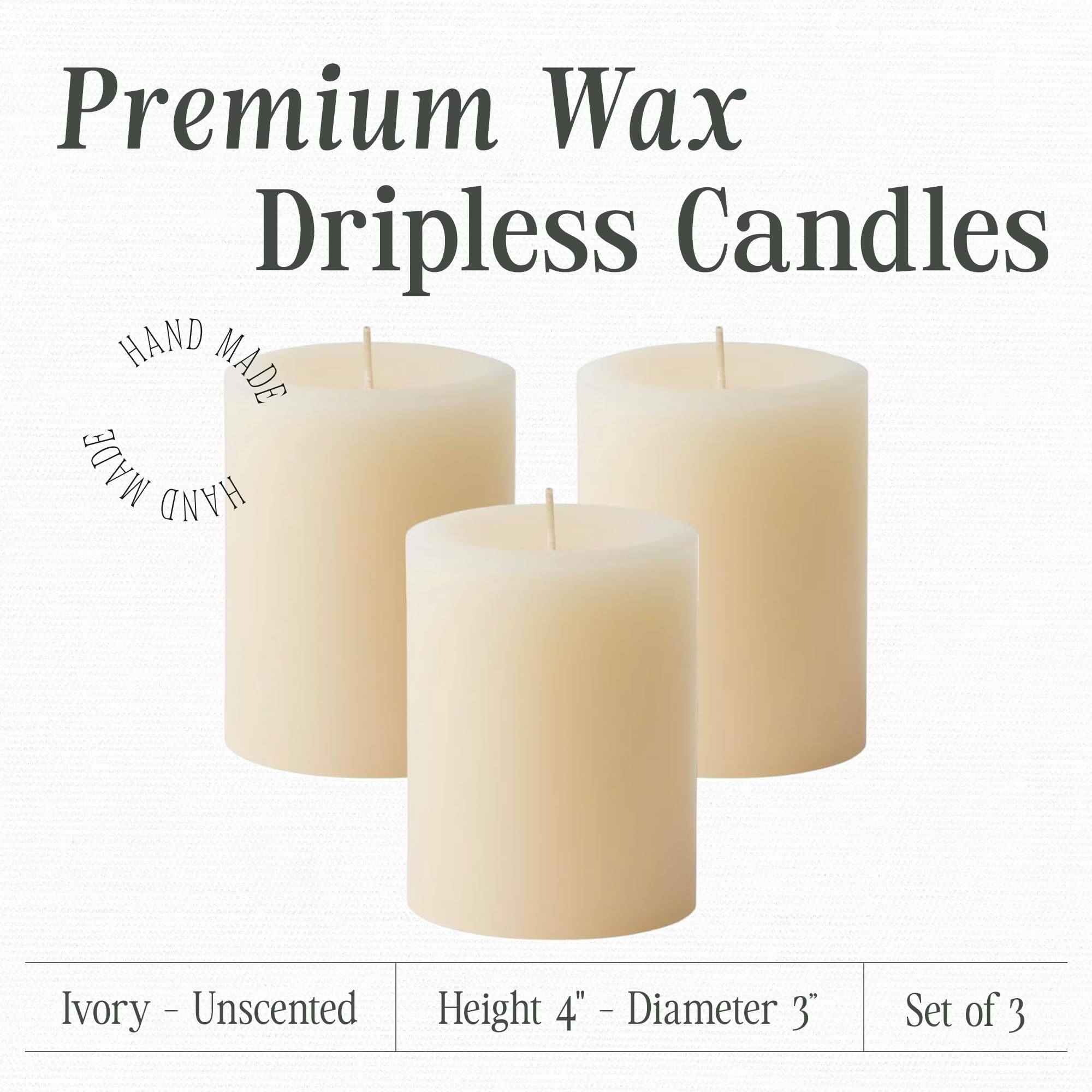 Premium Unscented Pillar Candles Set of 3 - Dripless Ivory Wax Candles 3x4 Inch, 60-Hour Burn Time for Home Decor, Wedding Centerpieces & Romantic Ambiance - Hand-Poured Non-Toxic Soy Wax Candles