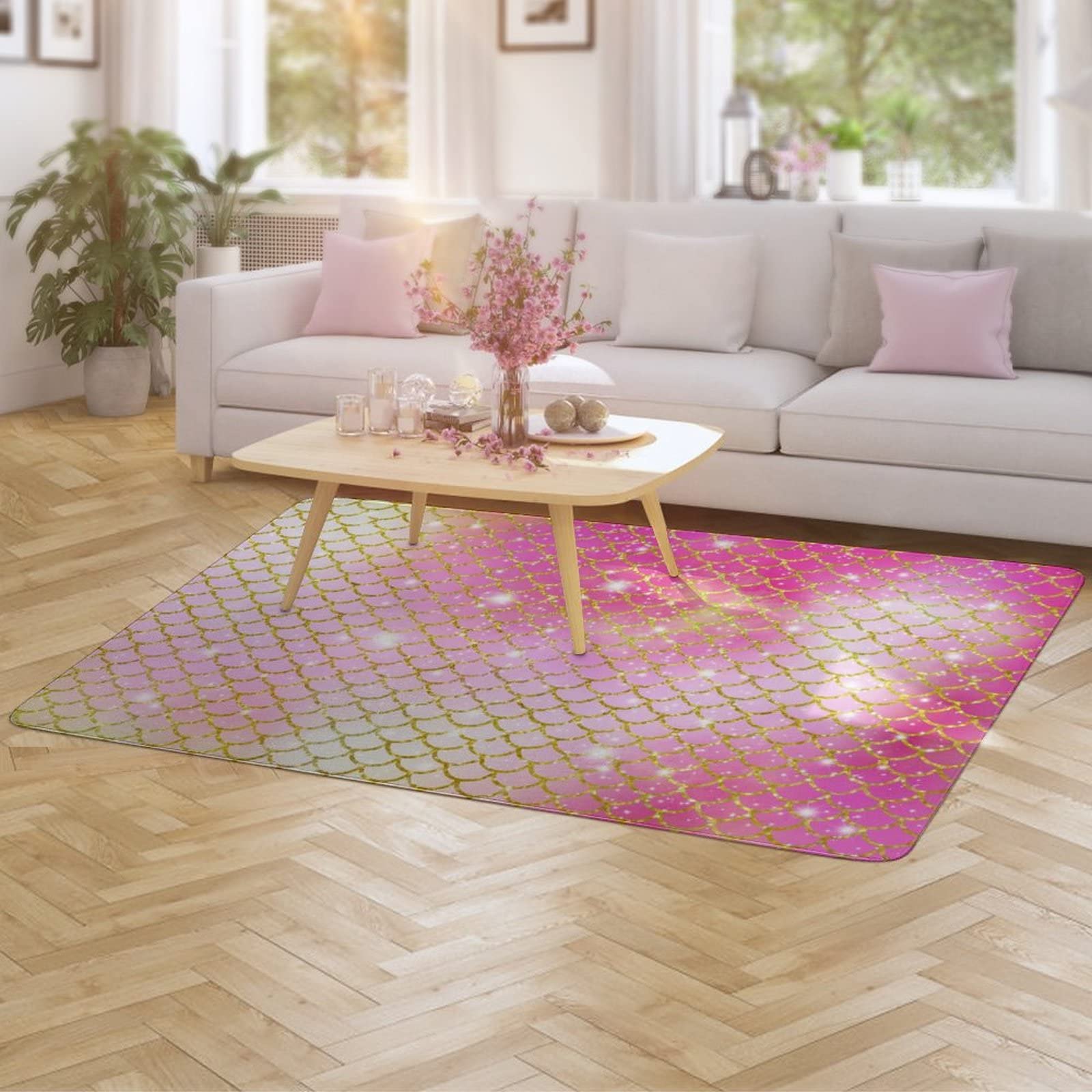 Mermaid Scales Yellow Pink Glitter Rug for Kids Girls Teens - Foldable Non-Slip Area Rug 5ft x 6.5ft - Soft Playroom Carpet for Bedroom, Nursery, Dorm, Living Room & Dining Room Decor - Perfect for Sleepovers, Playtime & Home Design