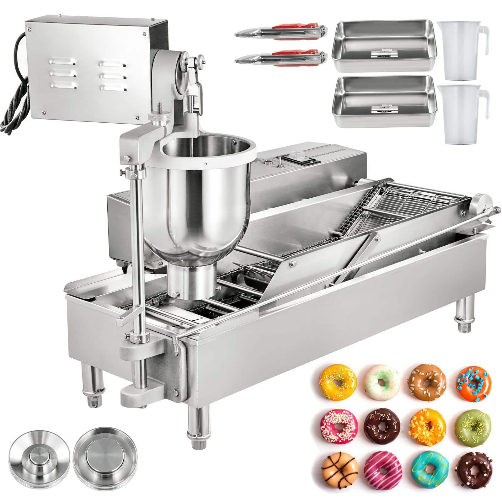 VEVOR Commercial Automatic Donut Maker Machine - 2 Rows 7L Hopper with 3 Size Molds, 110V Doughnut Fryer, Intelligent Control Panel, 304 Stainless Steel - Perfect for Bakeries, Cafes, and Donut Shops