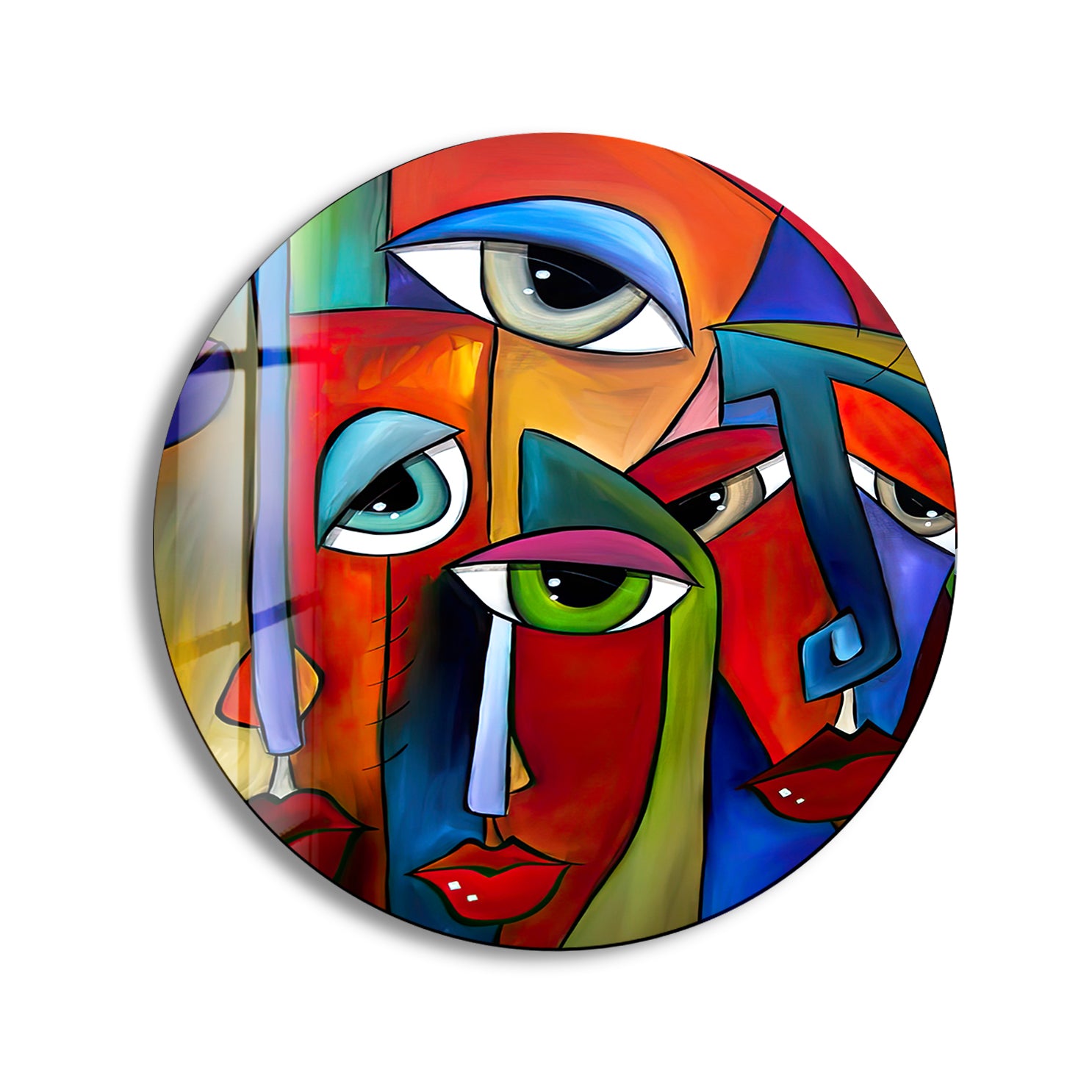 Colorful Cubist Face Round Wall Art – Abstract Glass Decor with Modern Picasso Style | Unique Home & Office Decoration for Living Room, Bedroom, or Gallery