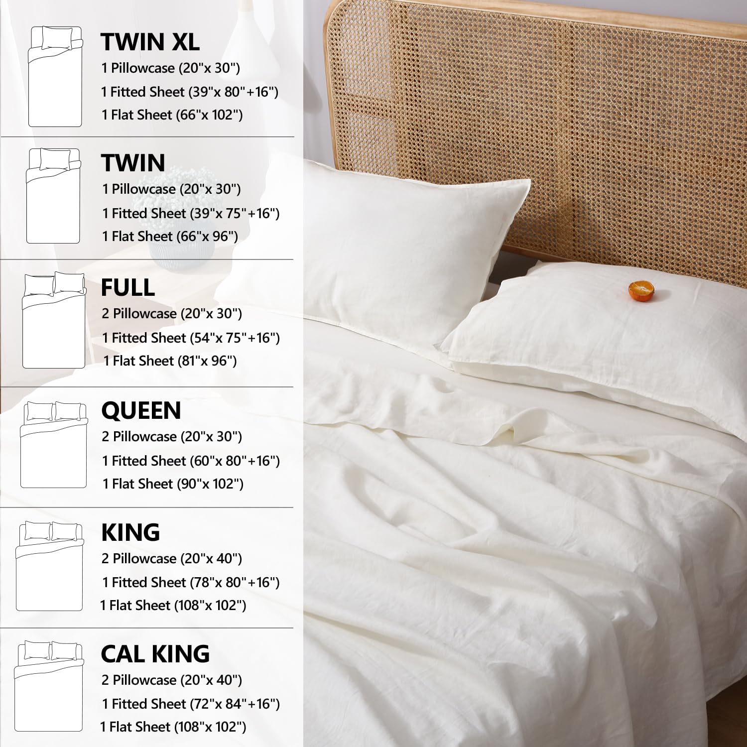 100% Organic French Linen Sheets Set - Queen Size Stone Washed Flax Bedding in Creamy White | Ultra Soft & Breathable | Perfect for Luxury Bedrooms, Guest Rooms & Eco-Friendly Homes