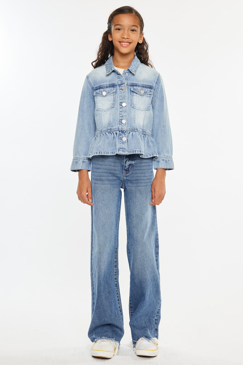 Penny Kids Peplum Denim Jacket for Girls - Stylish & Comfortable Denim Jacket with Ruffle Hem - Perfect for School, Playdates & Outdoor Activities