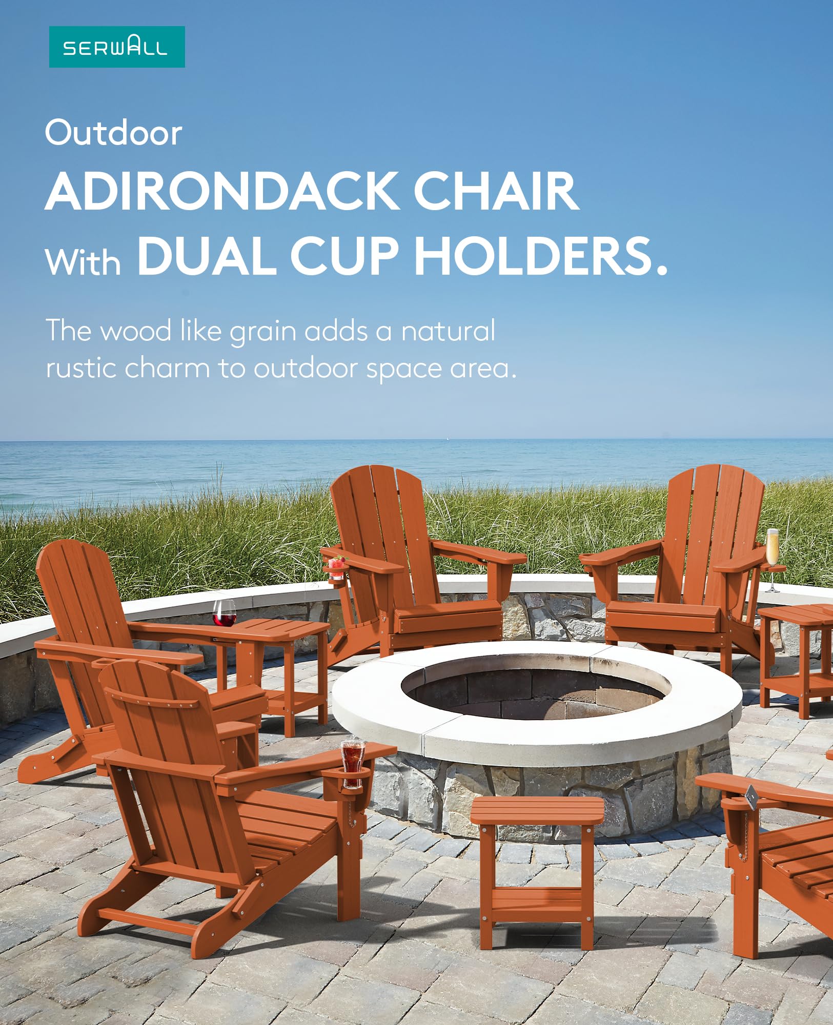 Premium SERWALL Adirondack Chair with Cup Holders - Durable HDPE Composite Outdoor Patio Furniture - All-Weather Resistant - Orange - Perfect for Backyard, Garden, Poolside & Deck Relaxation