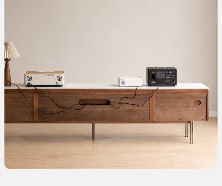 Modern Black Walnut Solid Wood TV Stand with Rock Panel Design - Stylish Entertainment Center for Living Room, Home Theater & Media Storage