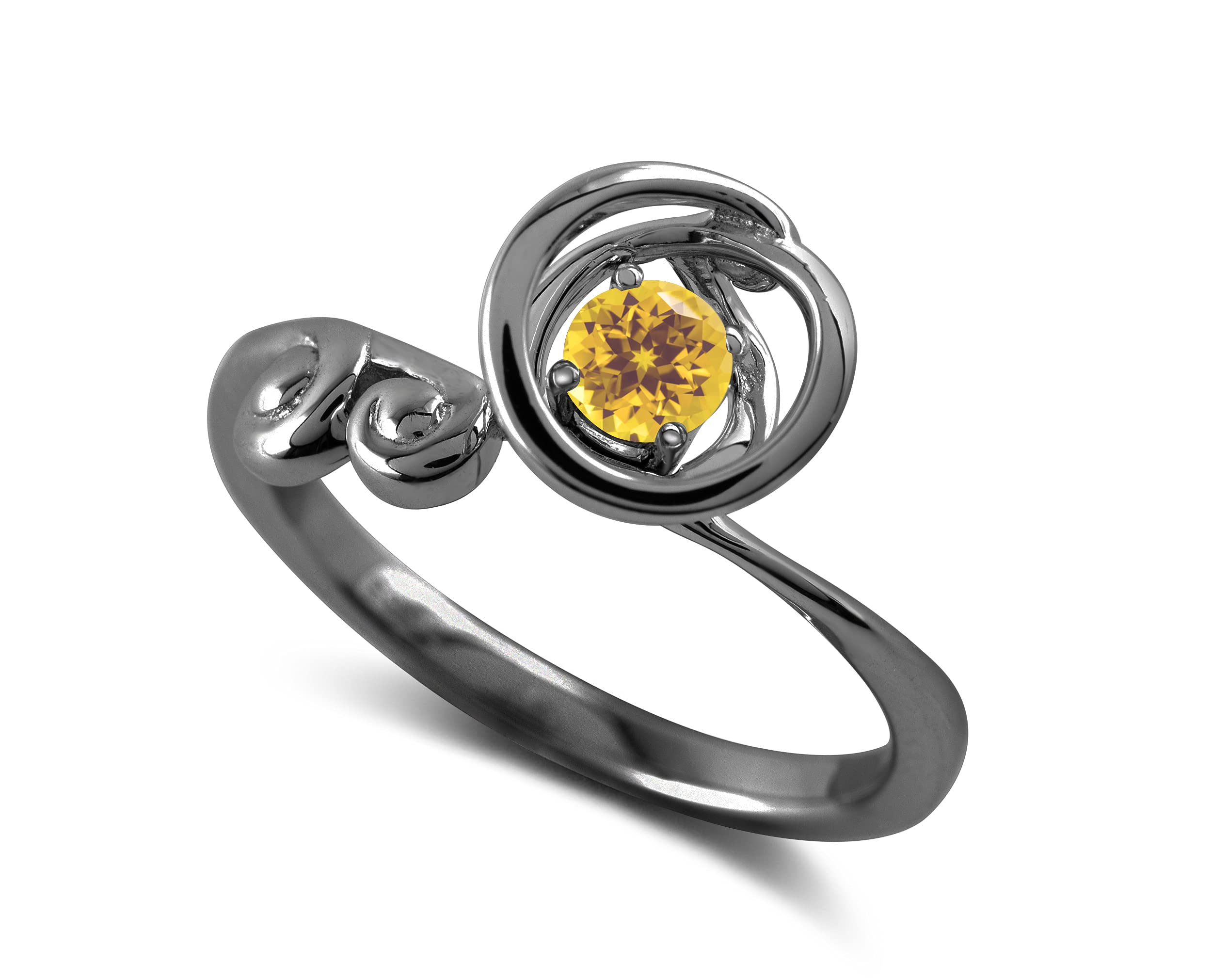 Dainty Citrine Black Ring - Minimalist Yellow Gemstone November Birthstone Ring for Women | Solitaire Circle Simple Wave Design | Perfect for Everyday Wear, Gift Giving & Special Occasions