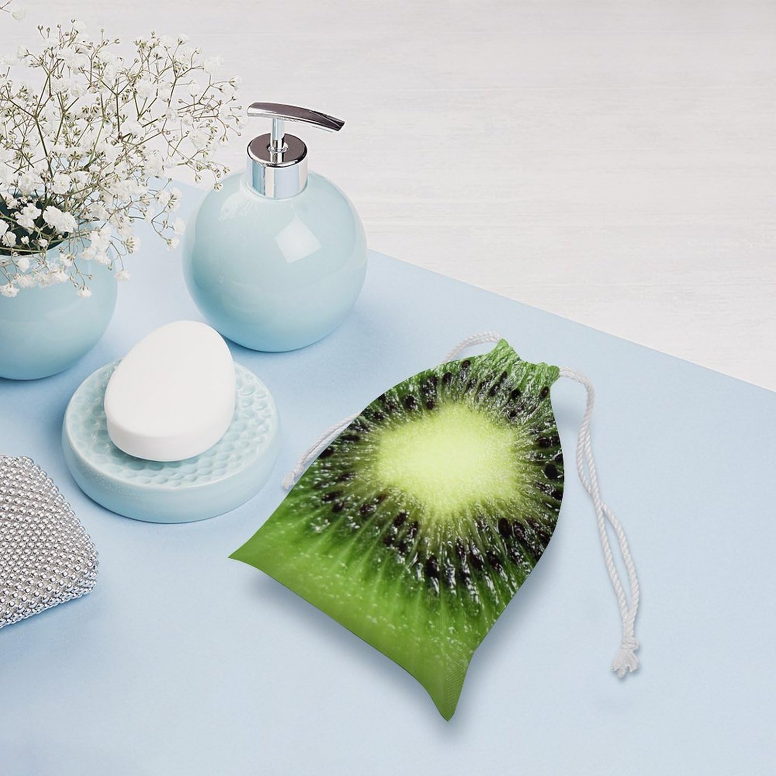 Organic Kiwi Fruit Print Muslin Drawstring Bags - Reusable Small Gift Pouches for Jewelry, Party Favors & Wedding Decor (Set of 5) - Eco-Friendly Cotton Storage Bags for Travel, Baby Shower & Retail Packaging