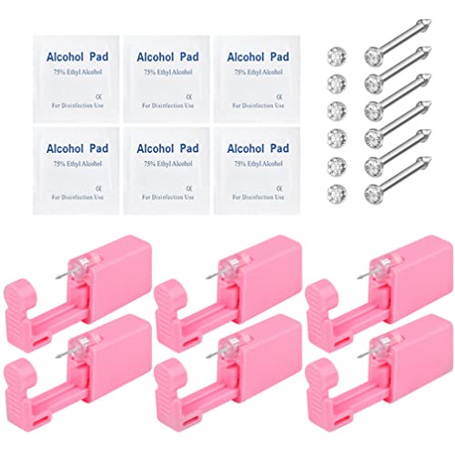 316L 20G Pink Self Nose Piercing Gun Kit - 10 Pcs Disposable Sterile Safety Nose Piercing Tool with Free Silver White Nose Rings & Studs (GP-S201-6) | Professional Body Piercing for Home Use, Salon & Tattoo Parlor