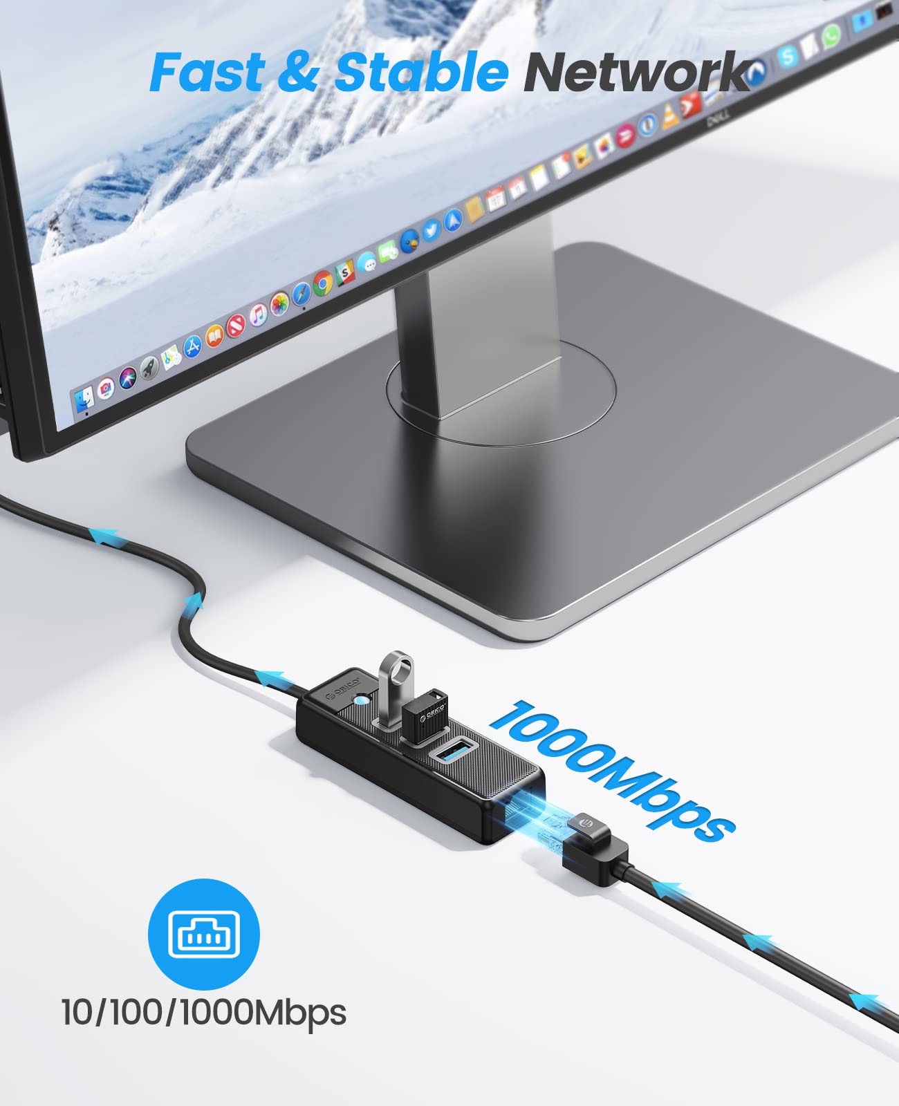 ORICO USB 3.0 to Gigabit Ethernet Adapter with 4-Port Hub - 6ft Cable for Mac, Windows, Linux & Android - High Speed Network Connection for Home Office, Gaming & Streaming