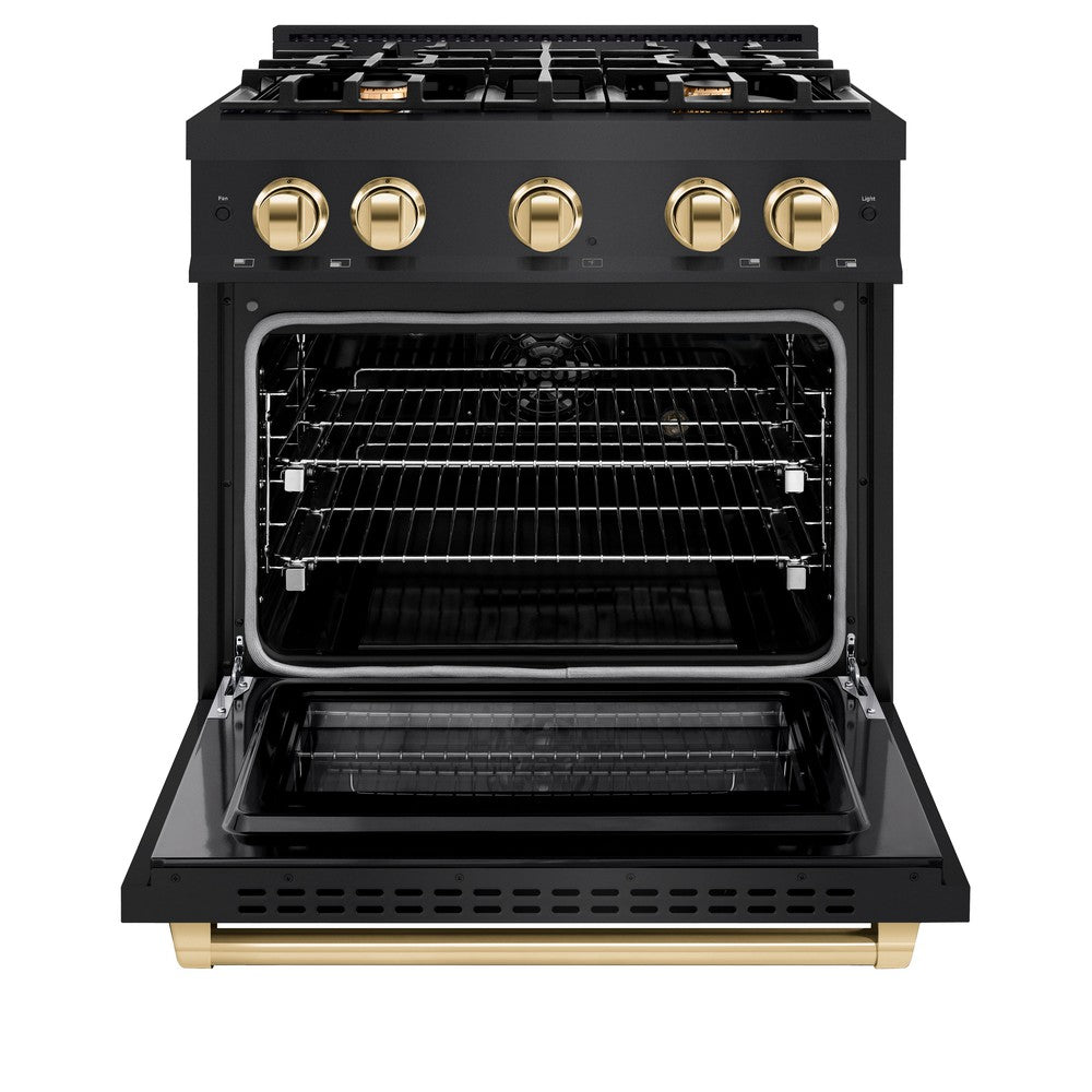 ZLINE Autograph Edition 30-inch 4.2 cu. ft. Gas Range with 4 Burner Cooktop & Convection Oven - Black Stainless Steel with Gold Accents | Professional Kitchen Appliance for Home Chefs & Cooking Enthusiasts