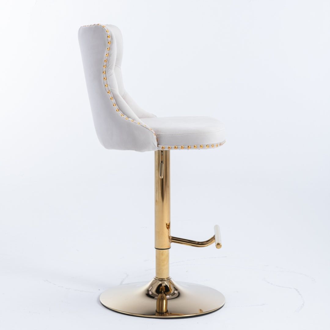 Adjustable Height Swivel Bar Stool with Footrest - Velvet Upholstery, Gold Metal Base & Studded Design - Perfect for Kitchen Islands, Home Bars & Dining Areas (Beige)