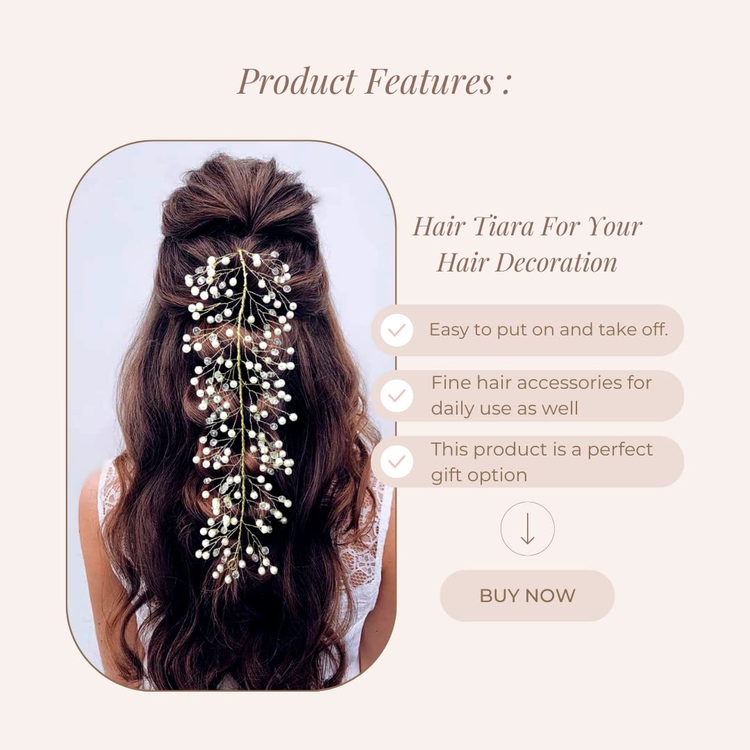 Elegant Pearl & Bead Hair Vine - Bridal Hair Pin for Women, Feather Side Bun Hair Clip for Girls - Perfect for Weddings, Prom & Special Occasions (Pack of 1)