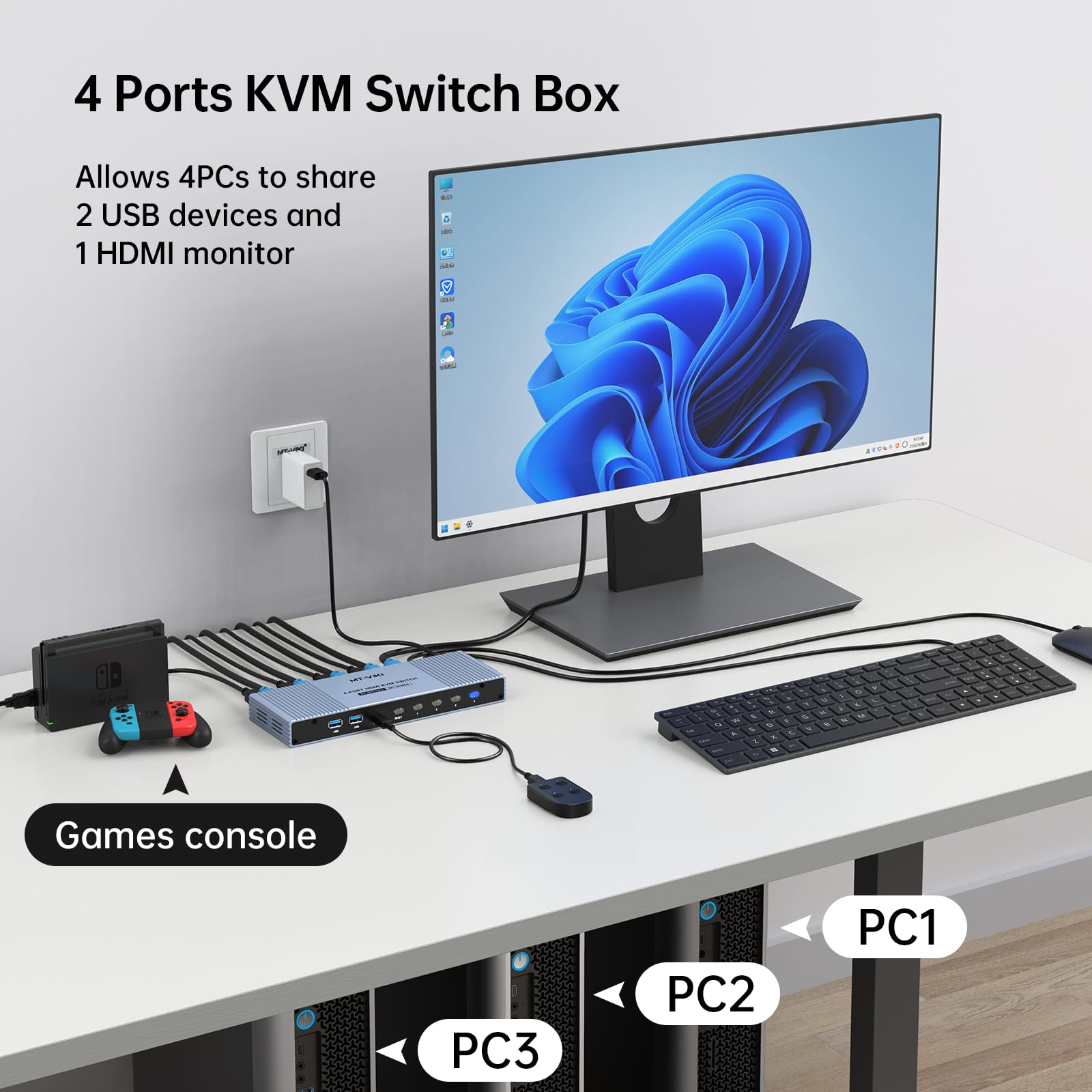 MT-VIKI 8K@60Hz HDMI 2.1 KVM Switch 4 Port - 4 in 1 Out USB 3.0 Switcher with HDCP 2.3, Dolby Audio, 3D HDR Support | Aluminum Case with Wired Controller & USB Cables | Perfect for Gaming, Home Theater & Multi-Computer Workstations
