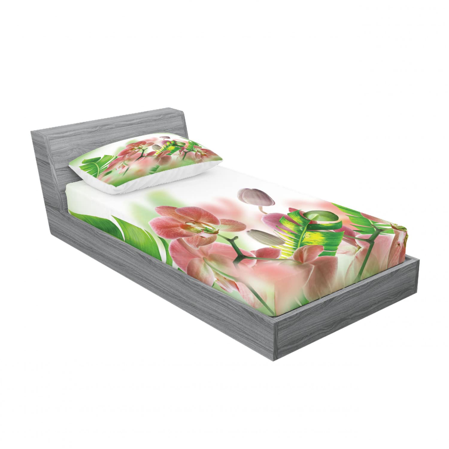 Ambesonne 2-Pack Twin Fitted Sheet & Pillow Sham Set - Orchid Blossoms & Leaves Design, 4-Piece Bedding Set in Peach & Green | Soft & Breathable for Kids, Guest Rooms & Dorm Decor